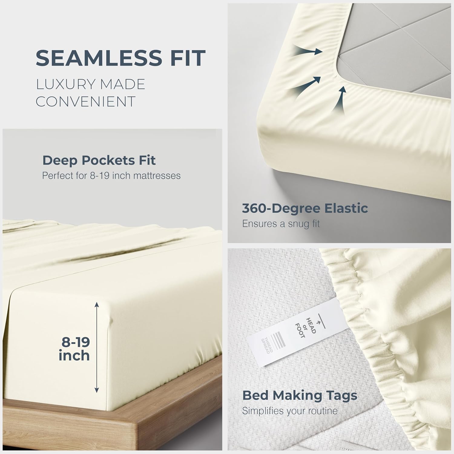 THREAD SPREAD 100% Egyptian Cotton Sheets Queen Size - Luxury 1500 Series Queen Sheet Set Egyptian Cotton (4 PC, Ivory), Silky Soft, Sateen Weave, Cooling & Breathable, 17' Deep Pocket Bed Set