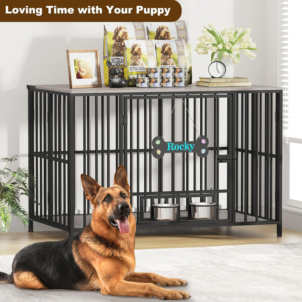 Easycom 43' Dog Crate Furniture Foldable, No Assembly Decorative Dog Kennel Indoor, XL Dog Crates for Large Dogs (60-80 lbs), Wooden Dog Cage with Adjustable Bowls and Name Tag, Oak Grey