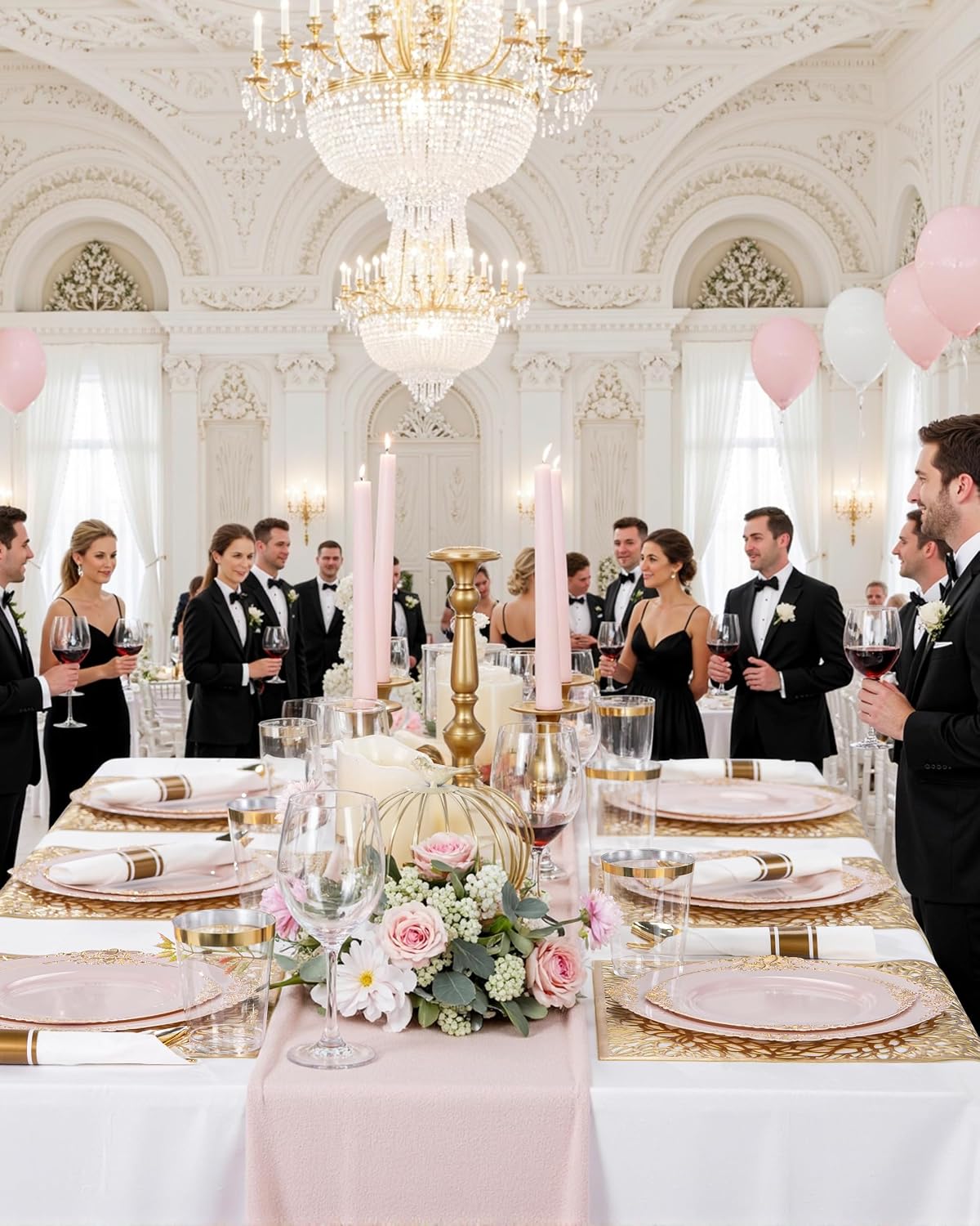 Nervure 700PCS Pink Gold Plastic Plates - Pink Plastic Dinnerware Sets for 100 Guests - 200 Disposable Plates, 300 Silverware, 100 Cups, 100 Napkins for Wedding, Party
