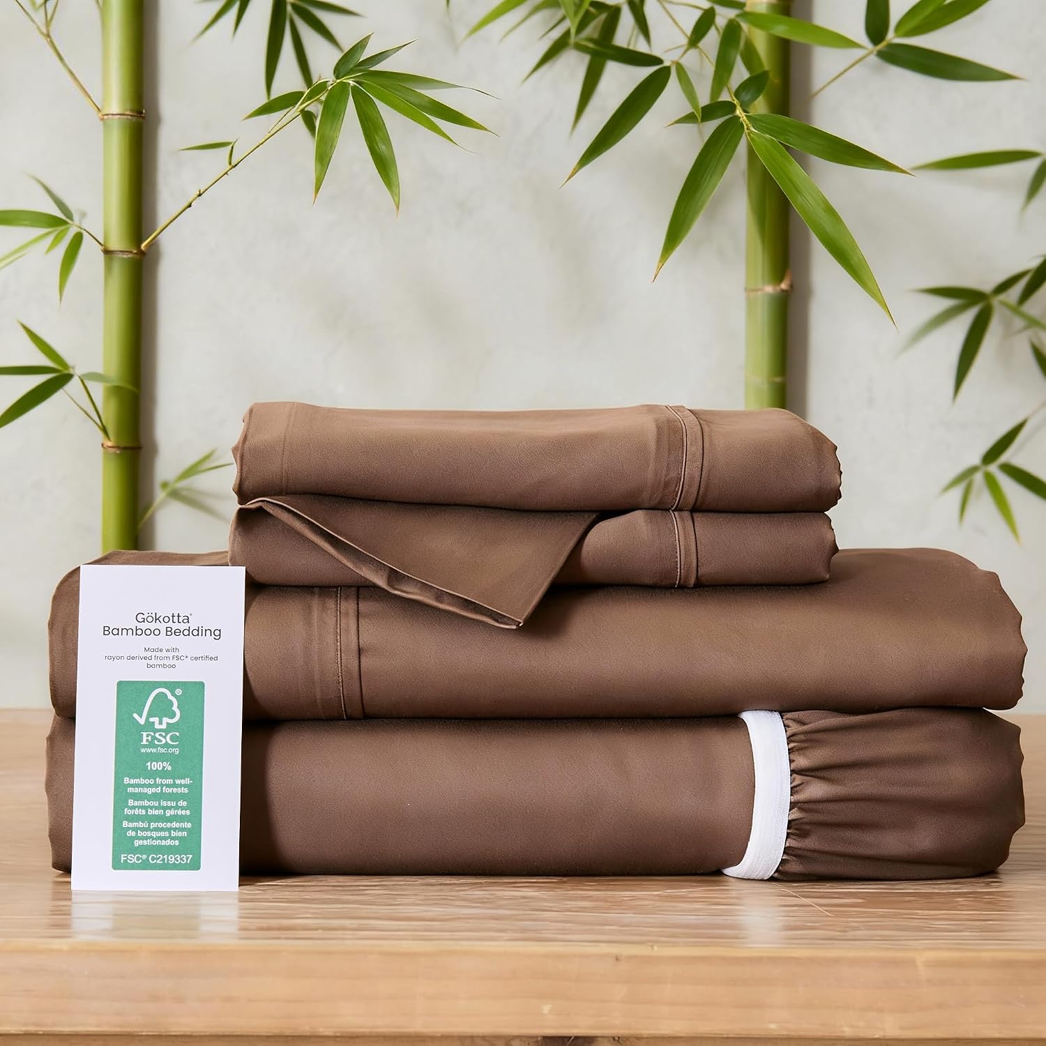 GOKOTTA Queen Sheet Set 4 Pcs,100% Rayon Derived from Bamboo Sheets,Cooling Sheets Queen for Hot Sleepers,16 Inch Deep Pocket Queen Size Bed Sheets with Elastic Corner Straps,Silky Soft - Cocoa Brown