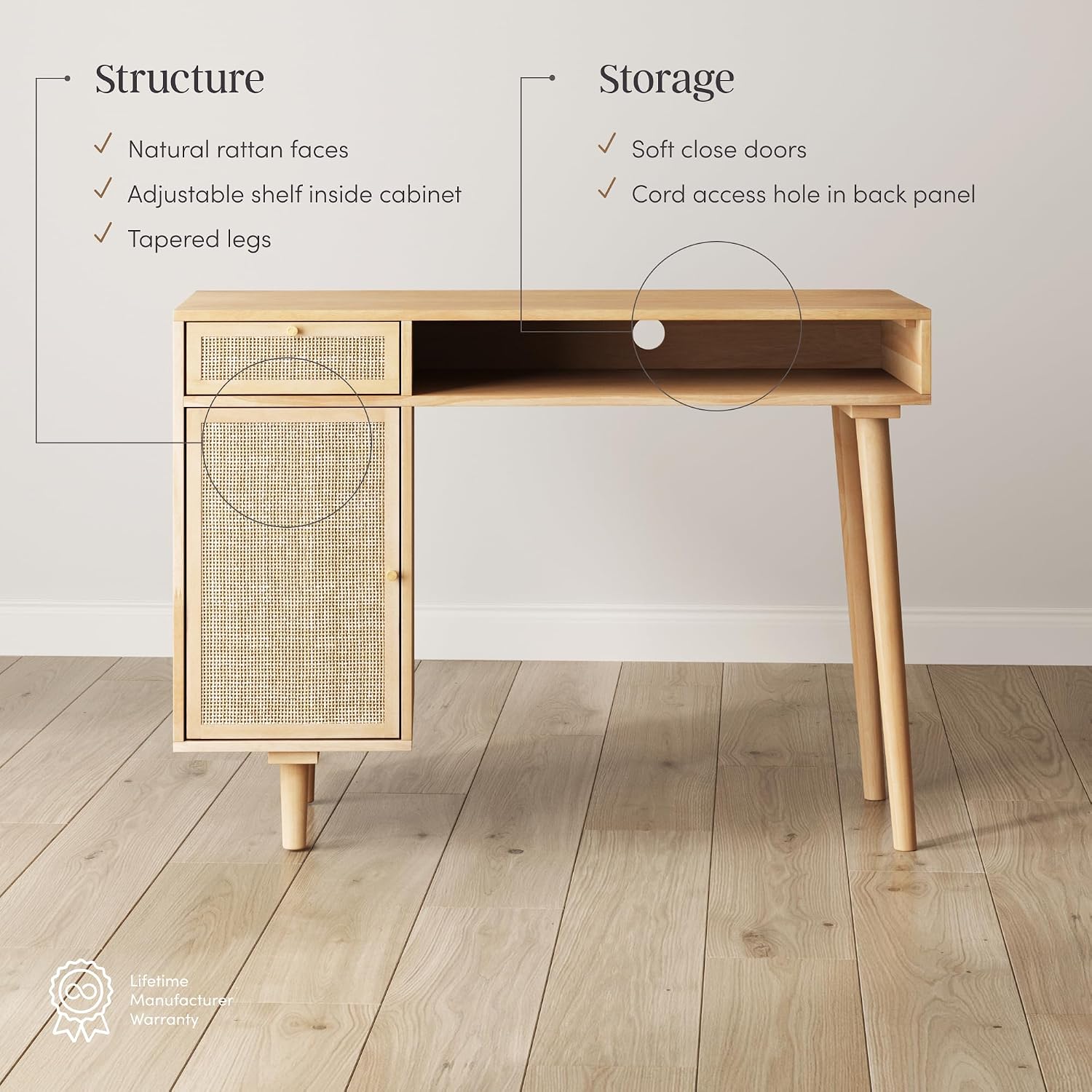 Nathan James Aaron Modern Desk with Storage, Natural Rattan Table with Square Webbing and Gold Accent Knobs, Natural Brown