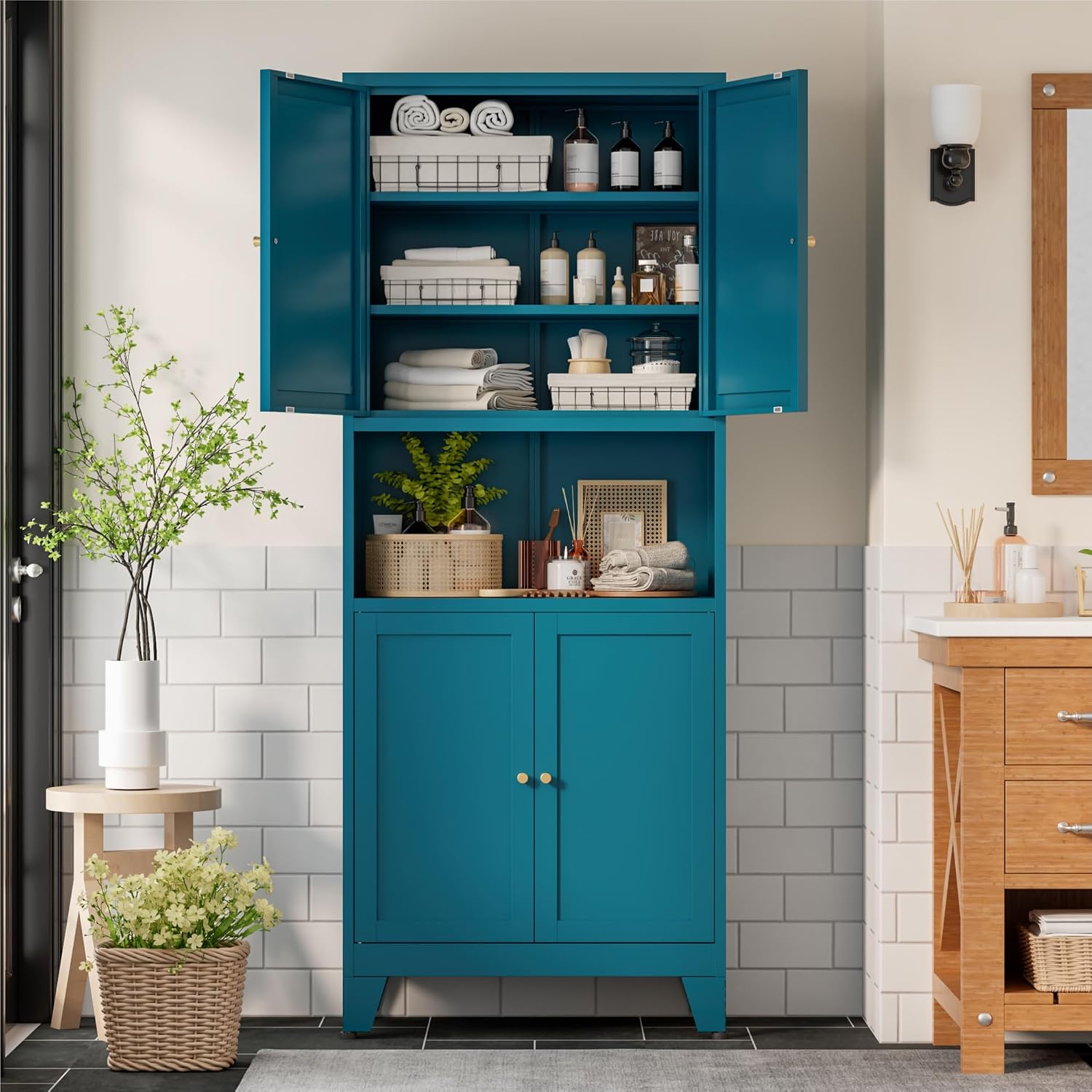Bevivog Tall Pantry Cabinet with Microwave Shelf, 69' Metal Storage Cabinet with 4 Doors and Adjustable Shelves,Freestanding Metal Kitchen Hutch Cabinet, Blue Pantry Closet Storage Shelves with Doors
