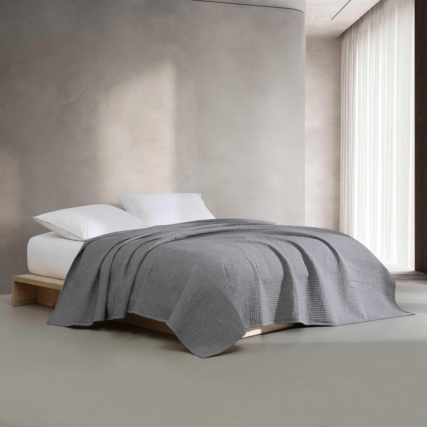 Calvin Klein - Queen Quilt Set, Luxuriously Soft Channel Stitch Bedding with Matching Shams, Cozy Home Decor (Mini Channel Stitch Solid Grey, Queen)