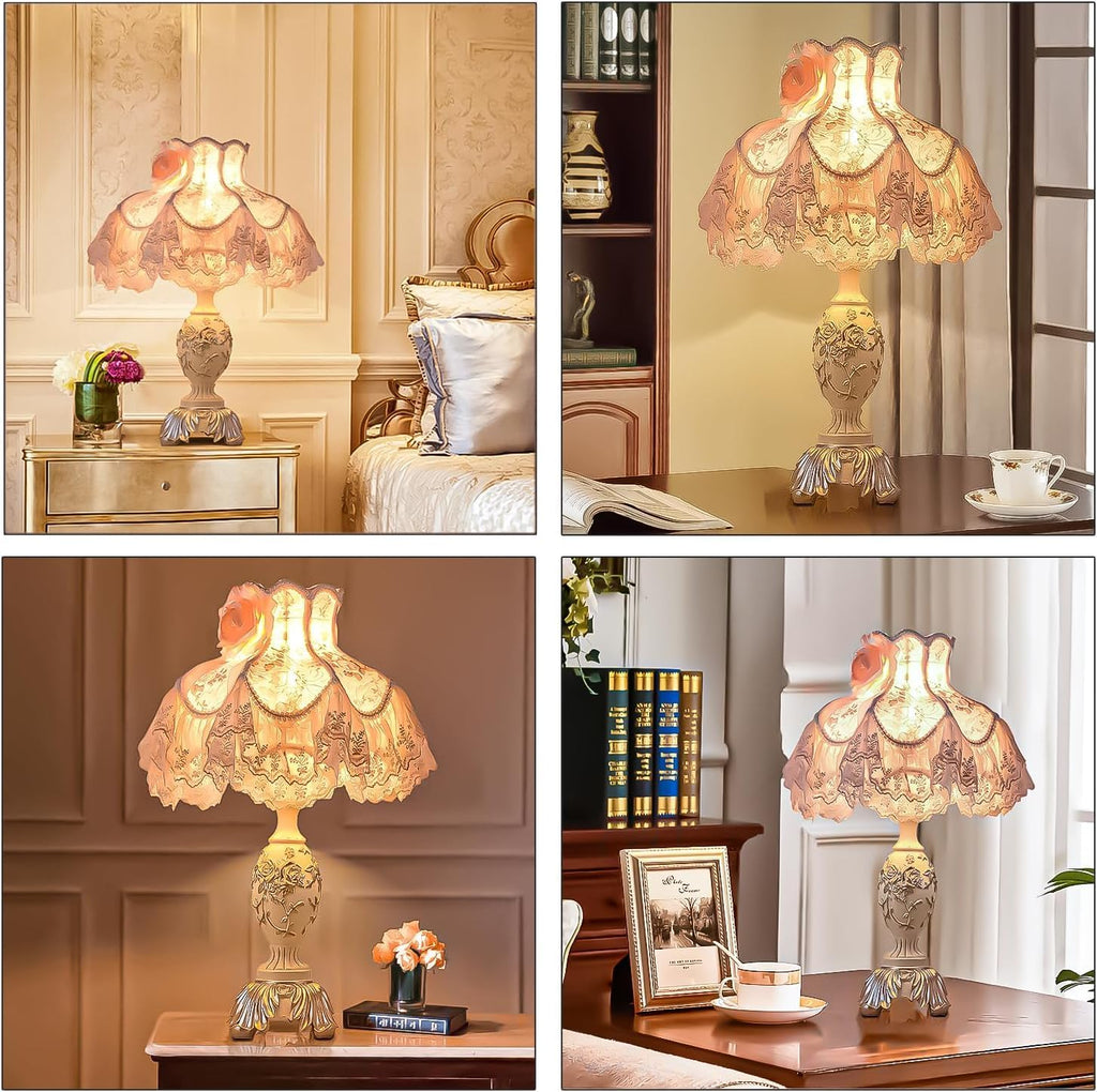 Pink European Style Desk Lamp with Fabric Shade,Victorian Table Lamp with E27 Bulb and Button Switch European Vintage Lamps for Bedroom Living Room Office Study