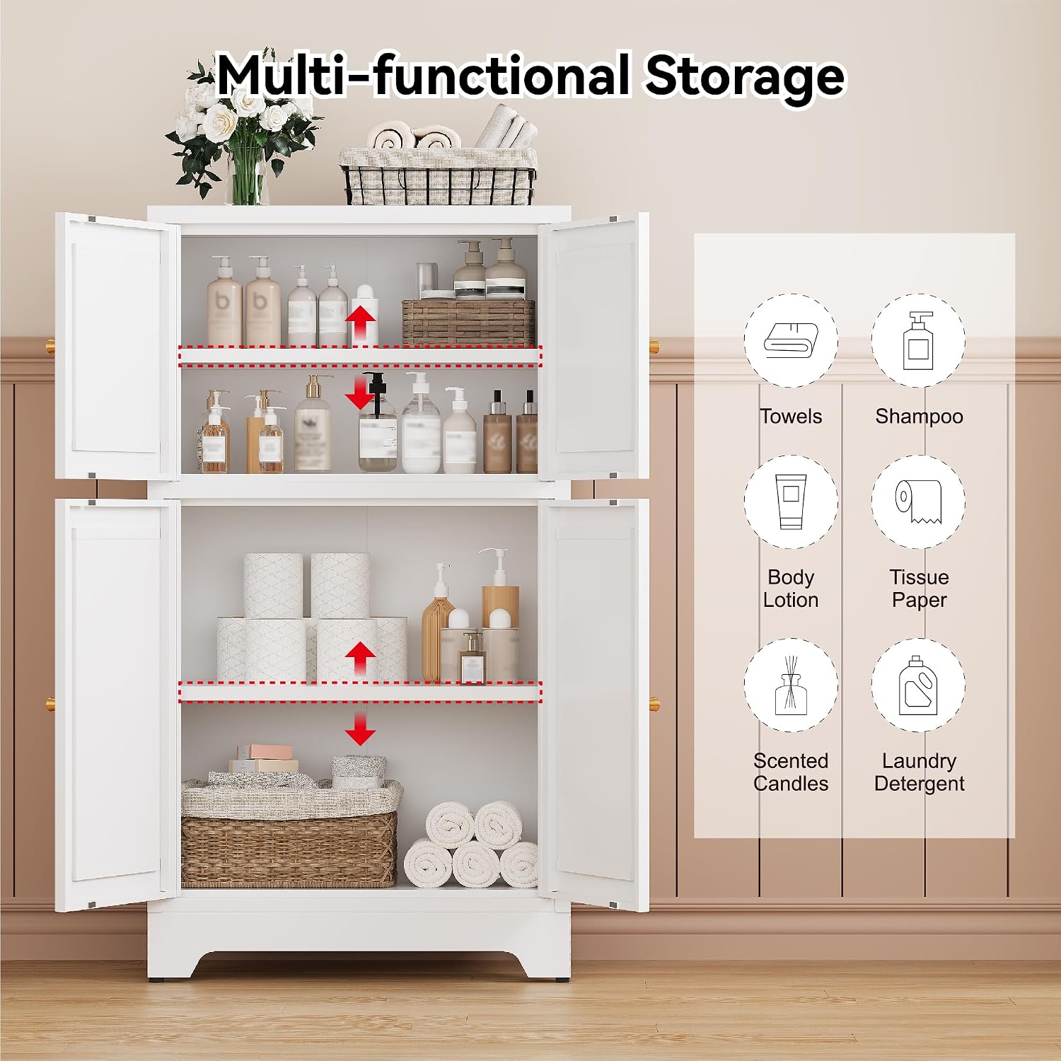 Metal Pantry Cabinet,Tall Kitchen Pantry Storage Cabinet with 4 Doors and 2 Adjustable Shelves,White Freestanding Cupboard Cabinet for Kitchen,Living Room,Dining Room,Home