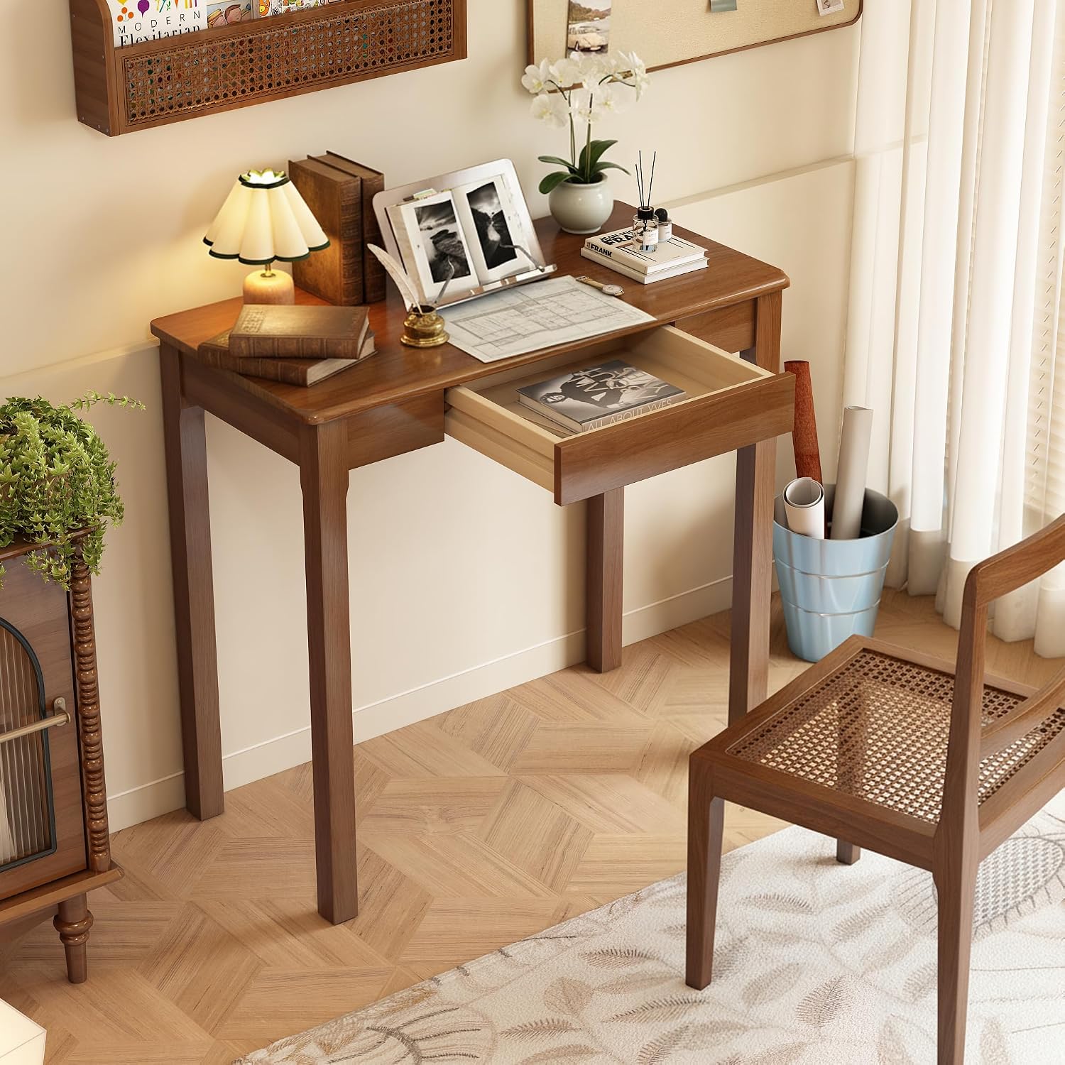 Solid Wood Desk with Drawers - 31.5' Narrow Desks for Small Spaces, Mid Century Modern Desks, Small Wooden Vintage Computer Writing Desk, Study Table for Home Office Bedroom, Walnut