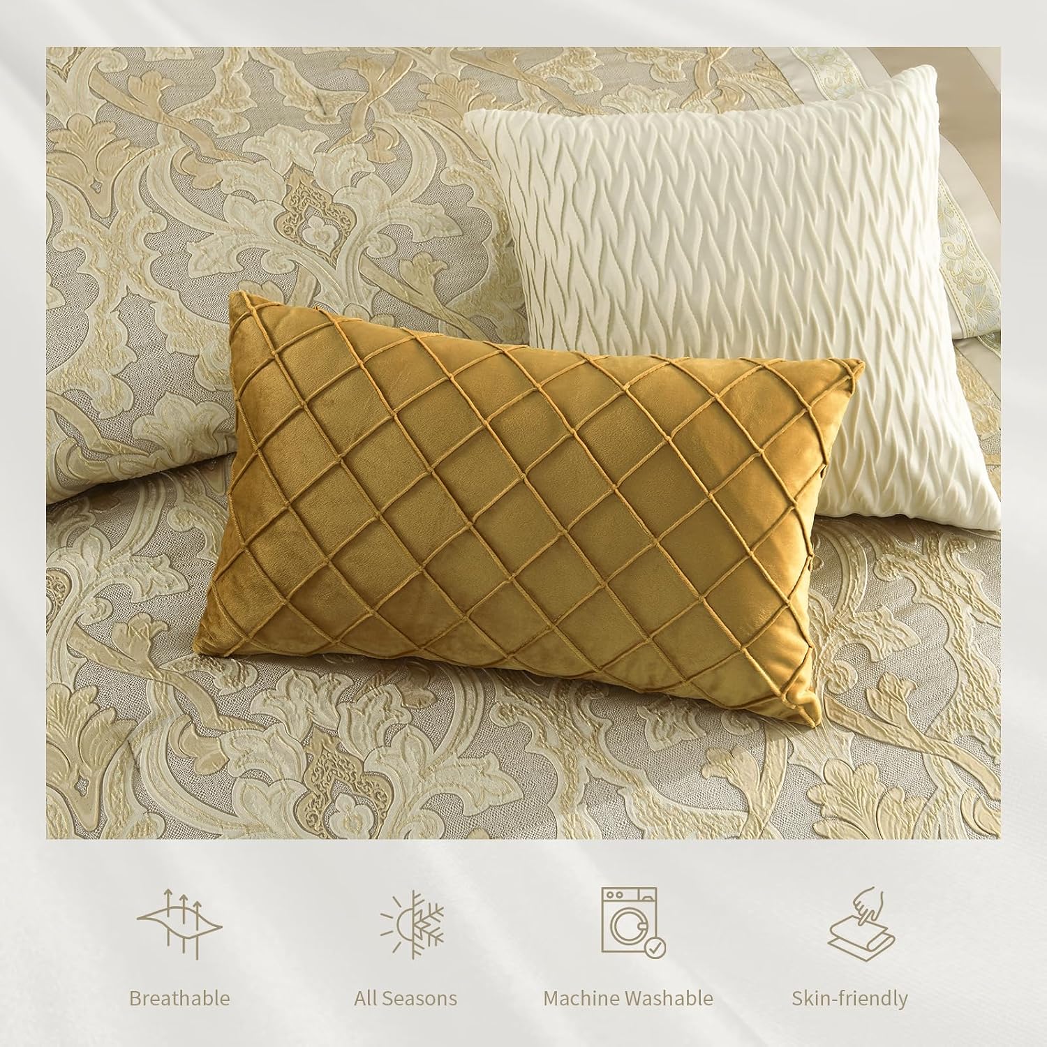 Finlonte Queen Size Comforter Set, Champagne Beige, 7 Piece Bed in a Bag for All Seasons, Luxury Vintage Floral Jacquard Damask Patchwork, Soft Bedding Sets with Bedskirt, Shams and Decor Pillows