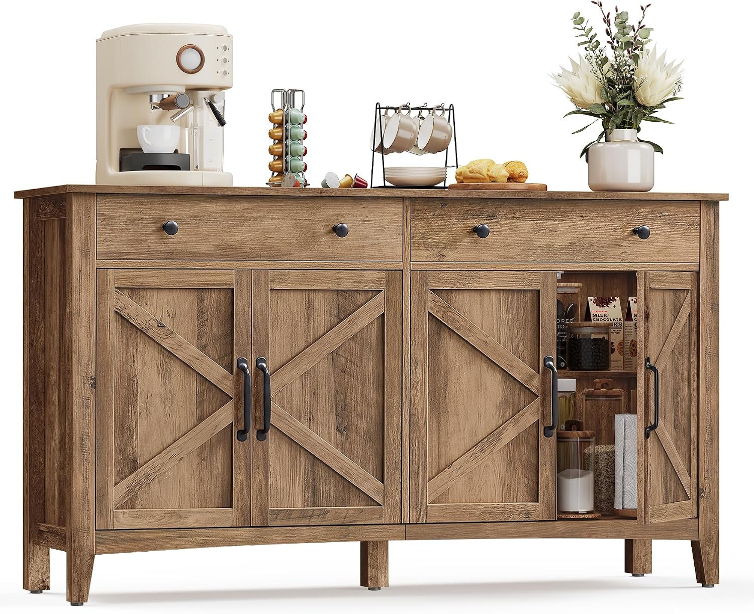 VASAGLE LIRY Collection - Buffet Cabinet, Coffee Bar Cabinet with 2 Drawers, Adjustable Shelves, Sideboard Storage with Cable Holes, Drawer Dividers, Honey Brown UBBK381K01