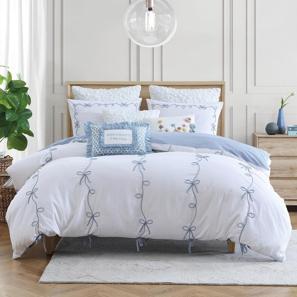 Peri Home Bows Duvet Cover Set 100% Cotton 2-Piece Bedding, Twin, Blue Sasha Bows