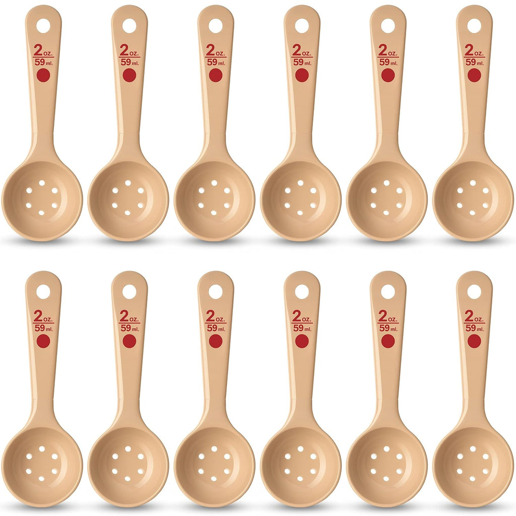 Carlisle FoodService Products 2 Oz Perforated Portion Control Spoon – Short Handle Measuring Spoon – Beige Polymer Foodservice Spoon for Commercial Kitchens, (Pack of 12)