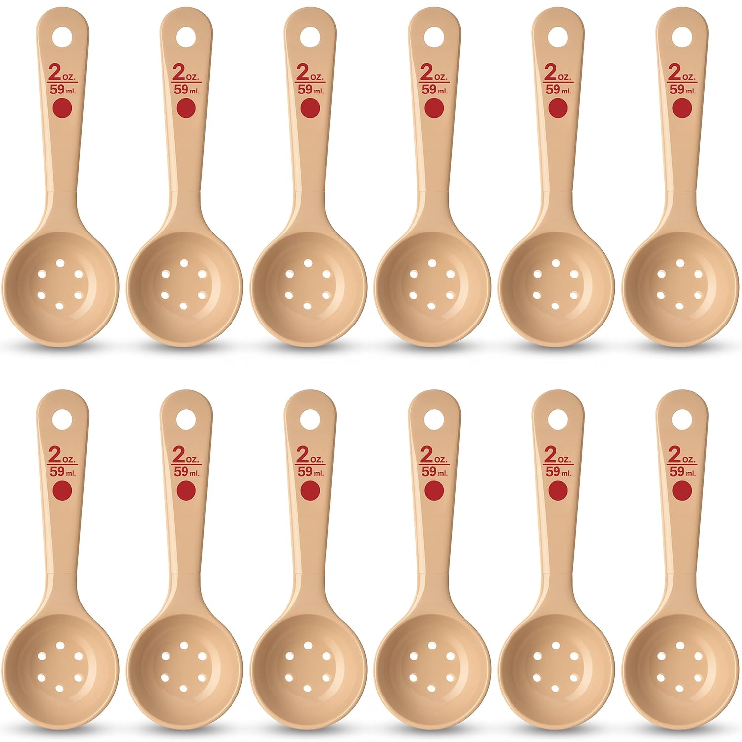 Carlisle FoodService Products 2 Oz Perforated Portion Control Spoon – Short Handle Measuring Spoon – Beige Polymer Foodservice Spoon for Commercial Kitchens, (Pack of 12)