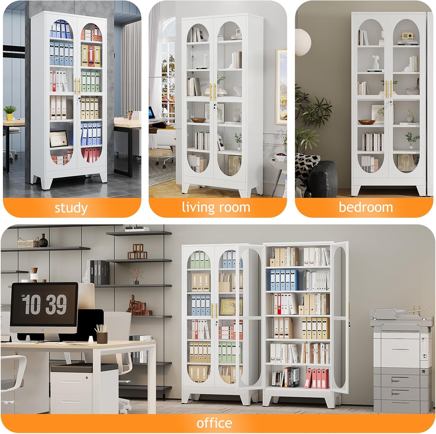 PAOFIN 75' H Locking Display Cabinet with Glass Door, Metal Cabinets with 5 Adjustable Shelves, Cabinet Display Case for Living Room, Collectibles, Clinic, Home - Assembly Required White