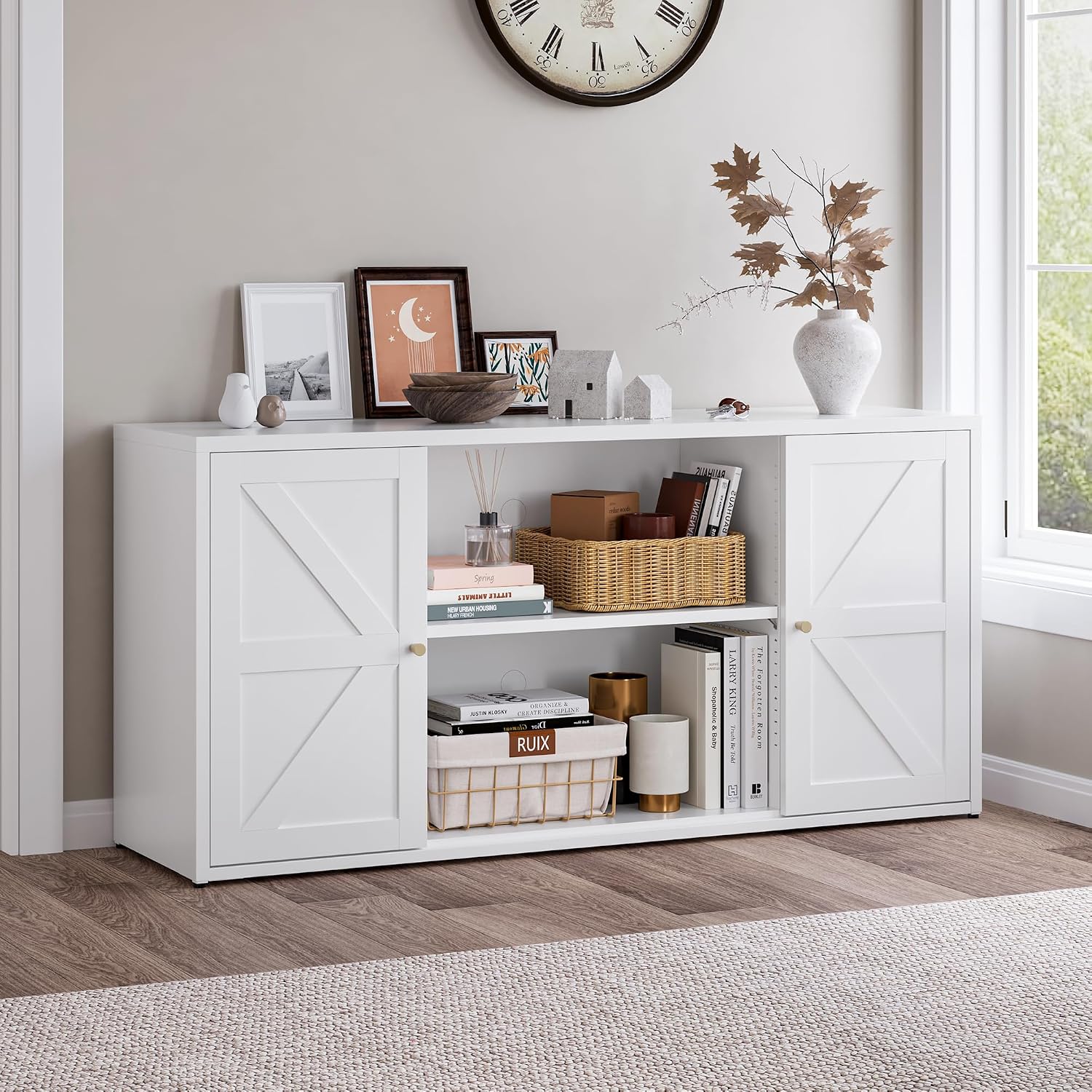 Washsemba Farmhouse - Style 65 - inch Metal TV Stand: Entertainment Center with Locker, Barn - Style Doors, Adjustable Partition. Medieval Modern Media Console Table for Living Room & Bedroom (White)