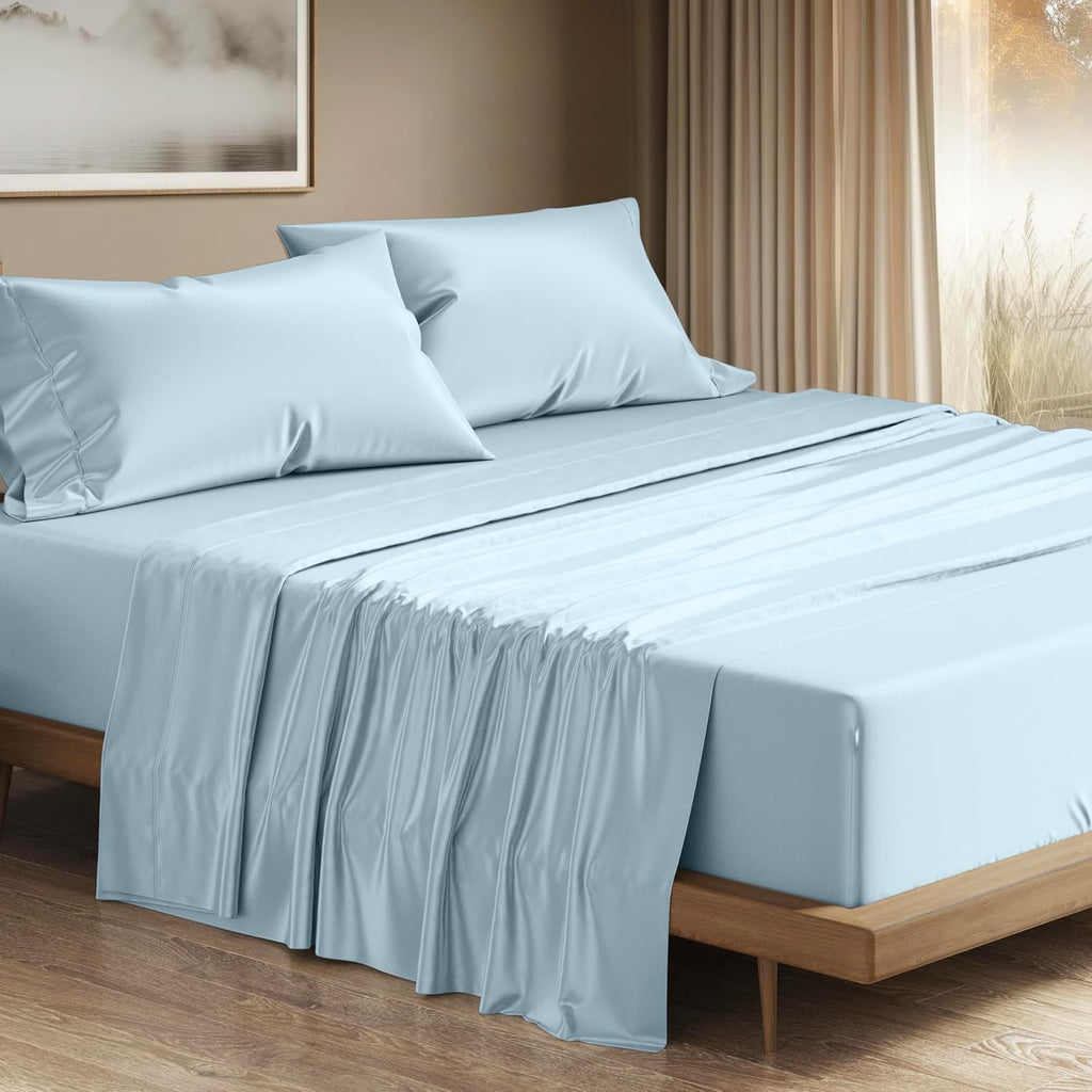 THREAD SPREAD 100% Egyptian Cotton Queen Sheets Set - 1200 Series Plush Collection Luxury Egyptian Cotton Sheets Queen Size Deep Pocket (4 PC, Light Blue), Soft, Cooling, Sateen Weave Sheet Set