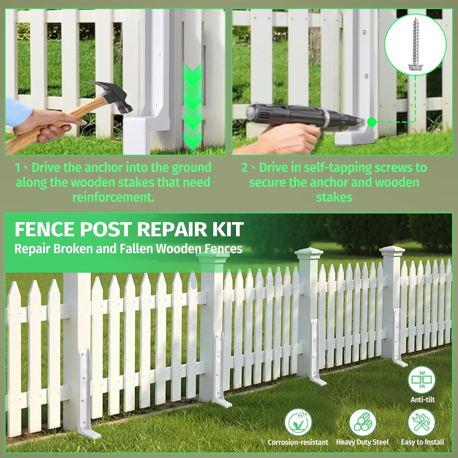 Fence Post Repair Stakes Kit – 1/8' Thickened Carbon Steel One-Piece Structure, Heavy Duty Ground Anchor Stake for Repairing or Reinforcing Broken/Leaning Privacy Fence & Mailbox Post, White, 4-Pack
