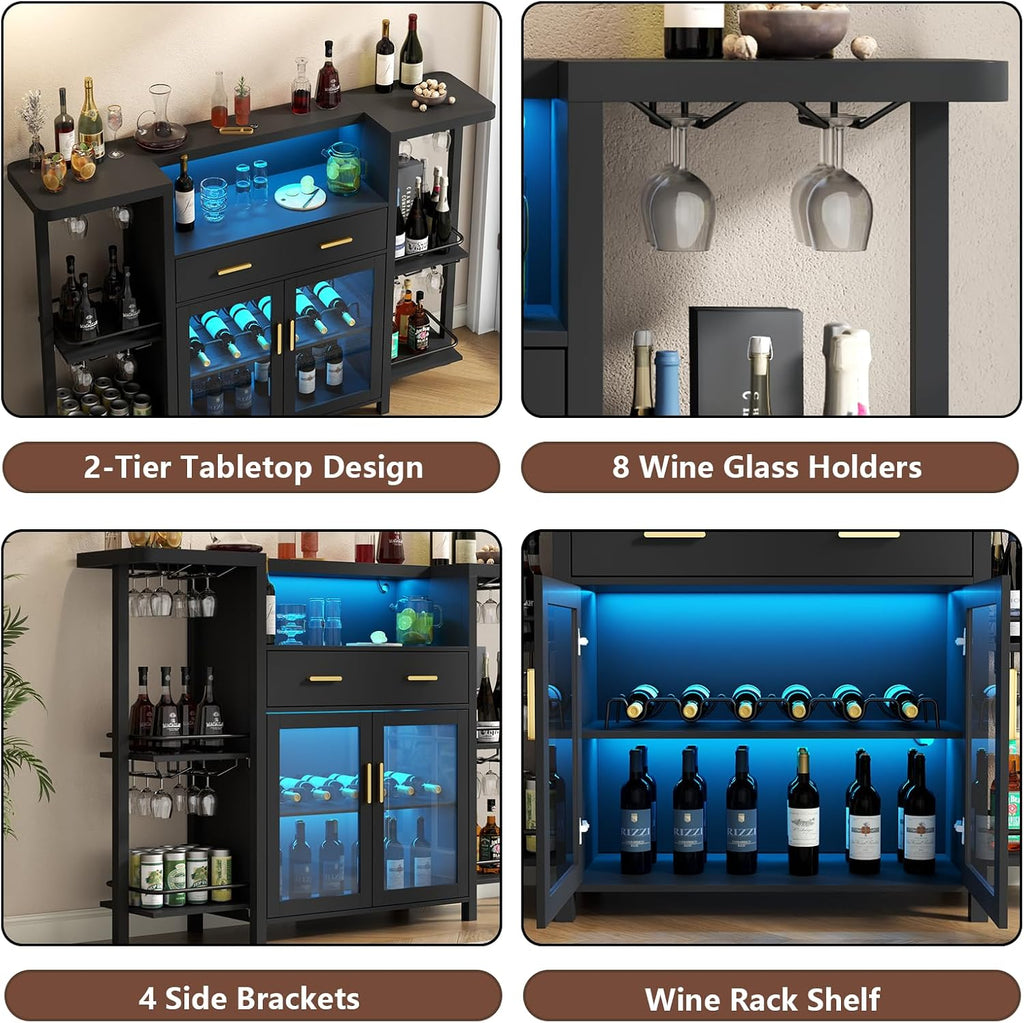 Loomie Bar Table Cabinet with LED Lights & Drawer, 8-Tier Wine Bar Cabinet with Wine Rack & Stemware Holder, Home Bar Unit Liquor Cabinets with Glass Door, Crescent Shaped Counter for Home Pub (Black)