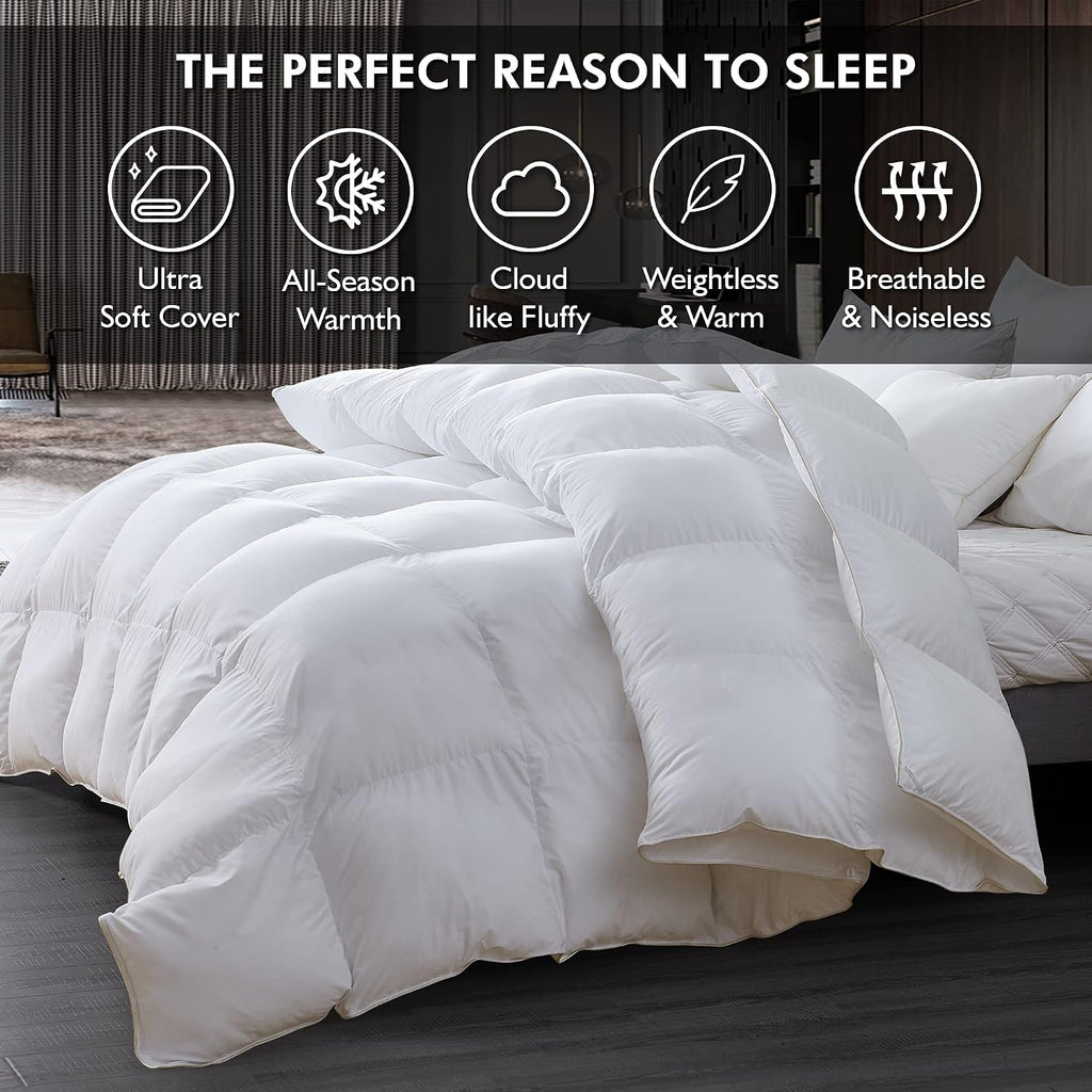 Luxurious Full Size Goose Down Fiber Waterfowl Feather Fiber Comforter Duvet, 100% Egyptian Cotton Cover, 45 oz. Fill Weight, Baffle Box Design, White Solid