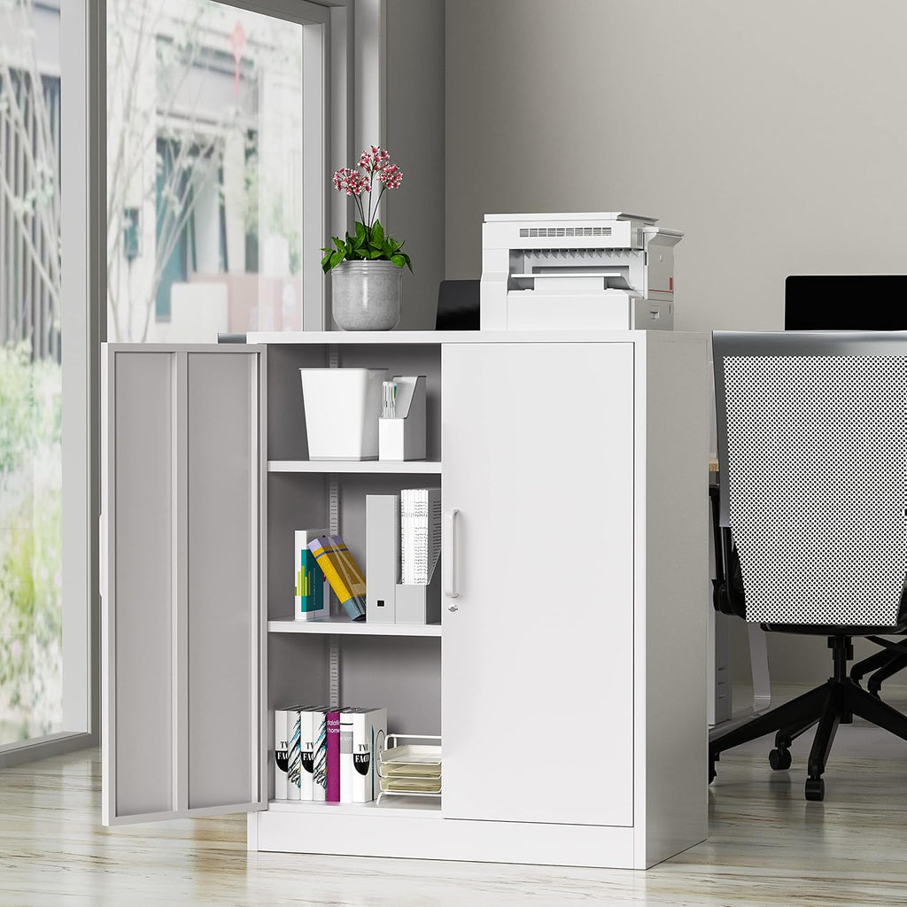 Metal Storage Cabinets with Locking Doors, 36 inch Lockable Steel Office Cabinet with Adjustable Shelves, Small Short Garage Caninet, White Locked Tool Caninets for Home, Office, Garage, Hallway