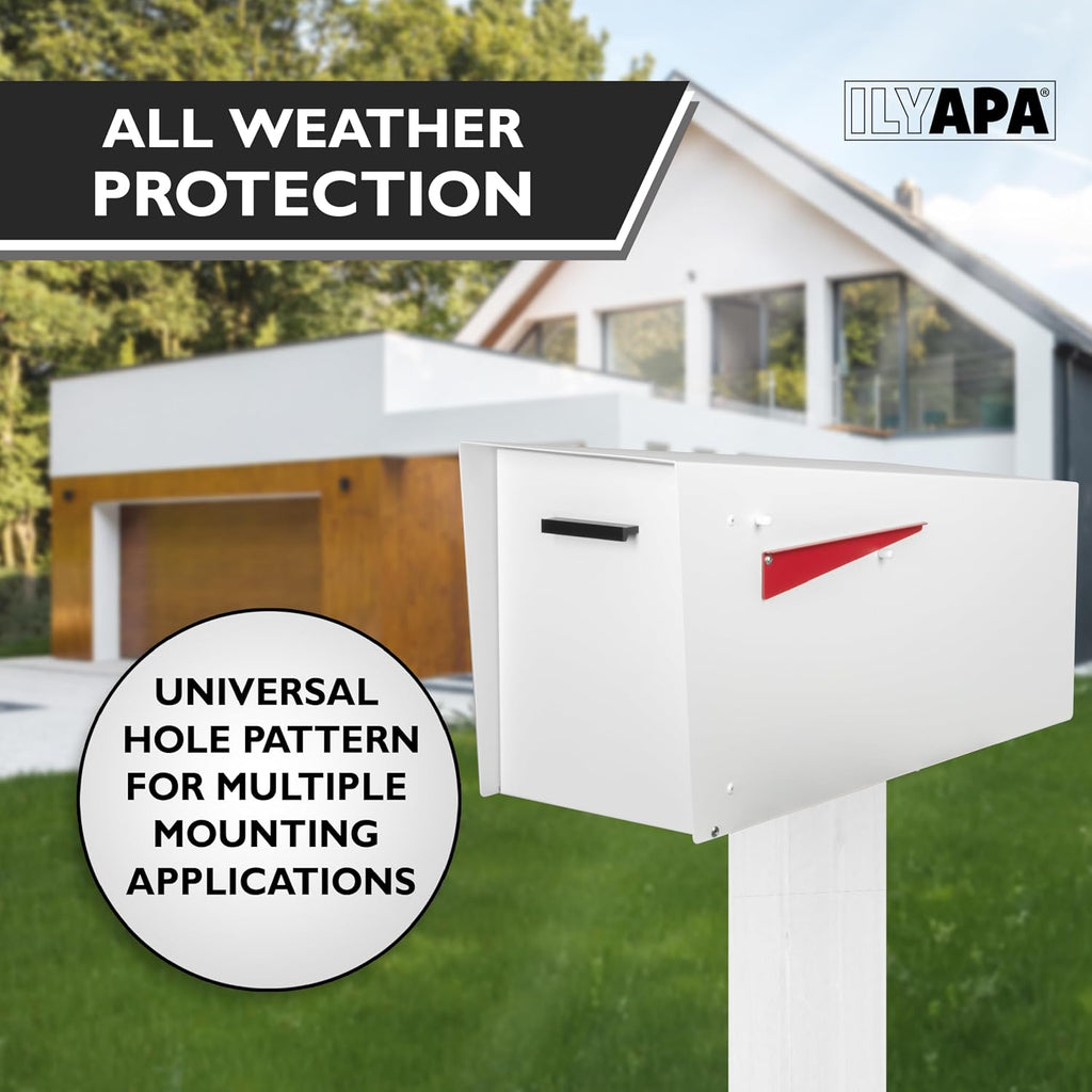 Ilyapa Modern Mailbox with Angle Design Post Mount - White Powder Coated Metal Mailbox - Waterproof for Curbside Parcels, with Magnetic Close Door