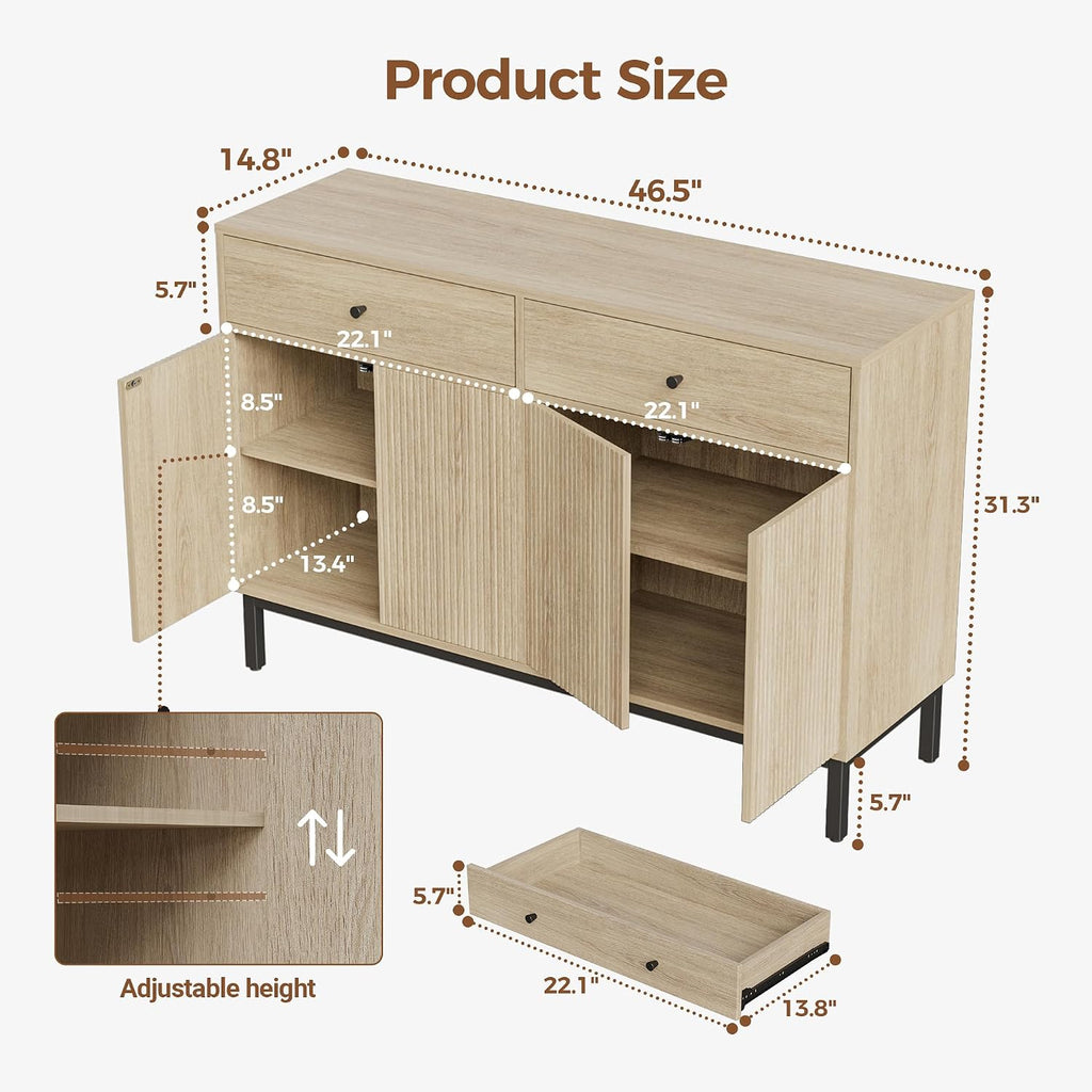 Mericonia Farmhouse Buffet Sideboard Cabinet with Storage, Fluted Coffee Bar with Doors and Adjustable Shelves, Modern Wood Console Cabinet with Drawers (4 Door, Oak2 Drawer)