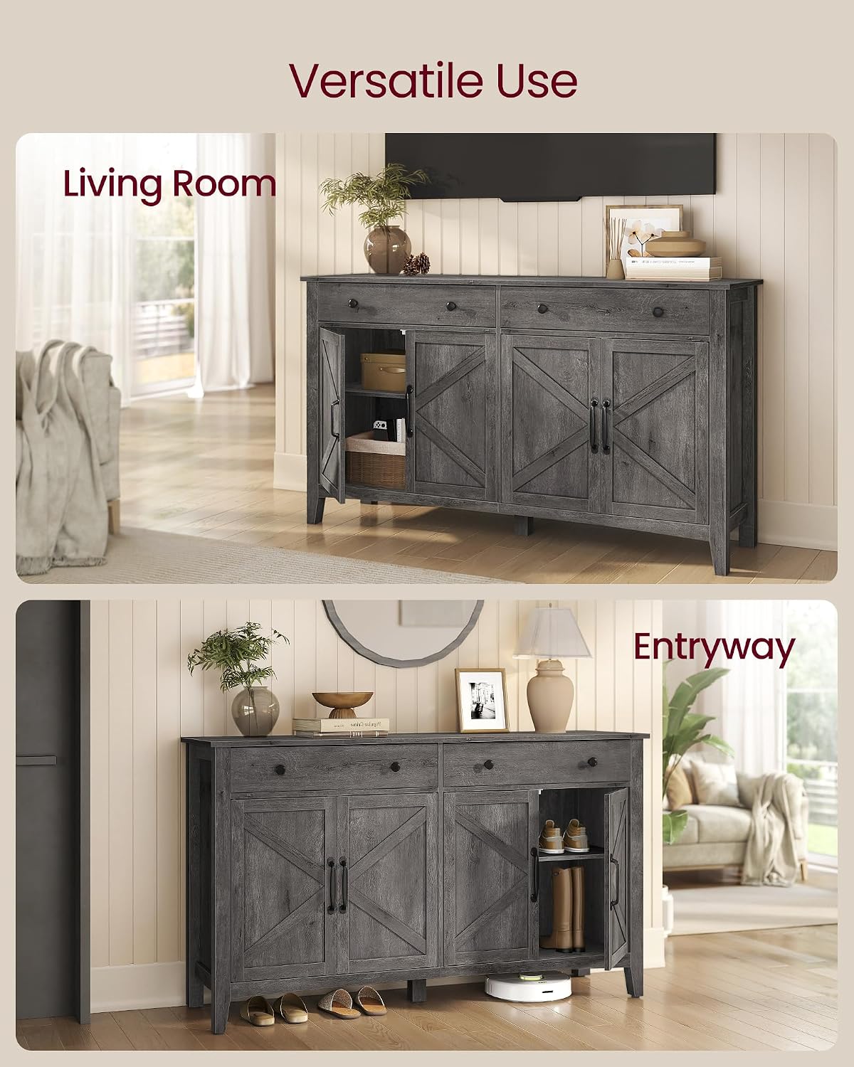 VASAGLE LIRY Collection - Buffet Cabinet, Coffee Bar Cabinet with 2 Drawers, Adjustable Shelves, Sideboard Storage with Cable Holes, Drawer Dividers, Misty Gray UBBK381GW01S