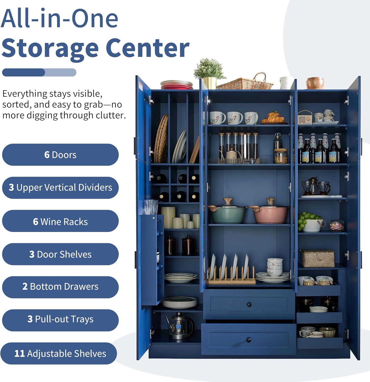 Modern Large Kitchen Pantry with 6 Doors, 53.2''Lx17.7''W Wood Storage Cabinet Cupboard with Drawers, Adjustable Shelves, Pull-Out Trays and Wine Rack for Dining Room (Blue-4.19)