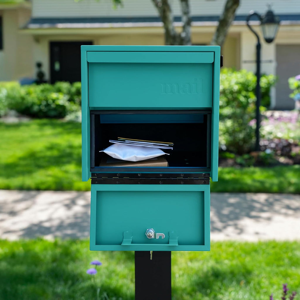 Adoorn Lockable Post Mount Mailboxes for Outside - Small Anti-Theft Locking Mailbox for Packages and Letters - Weatherproof Construction - Durable Steel - 12' H x 12' W x 18.5' D - Aegean Sea