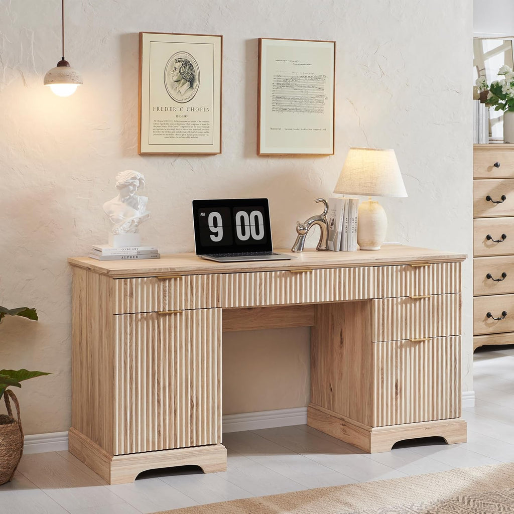JXQTLINGMU 58' Modern Executive Desk with Storage, Wood Home Office Desk with 5 Drawers & 1 Cabinet, Fluted Computer Writing Desk for Study, Living Room, Bedroom, Oak