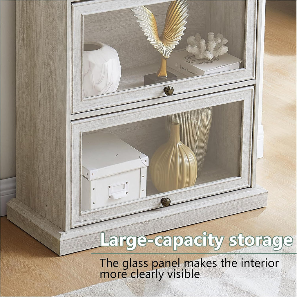 White Display Curio Cabinet with Glass Doors,White Showcase Display Cabinet,Shelves with Flip-Up Glass Doors,Farmhouse Barrister Bookcase