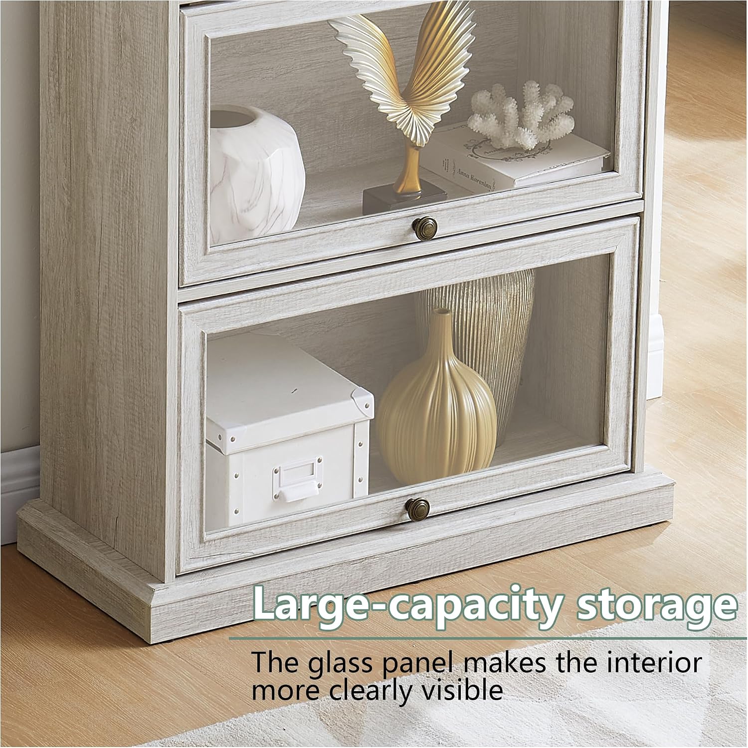 White Display Curio Cabinet with Glass Doors,White Showcase Display Cabinet,Shelves with Flip-Up Glass Doors,Farmhouse Barrister Bookcase