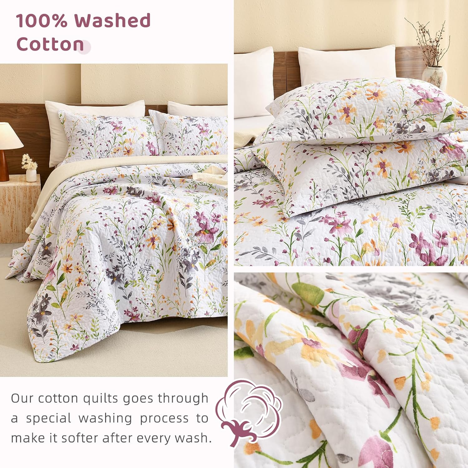 Sanracie 100% Cotton Quilt King Bedding Set(110'x98')-Floral Quilted Bedspreads Set,3pcs Yellow Wild Flower Botanical Printed Pattern Quilt Bedding Coverlet Summer Soft Lightweight Aesthetic Bedding