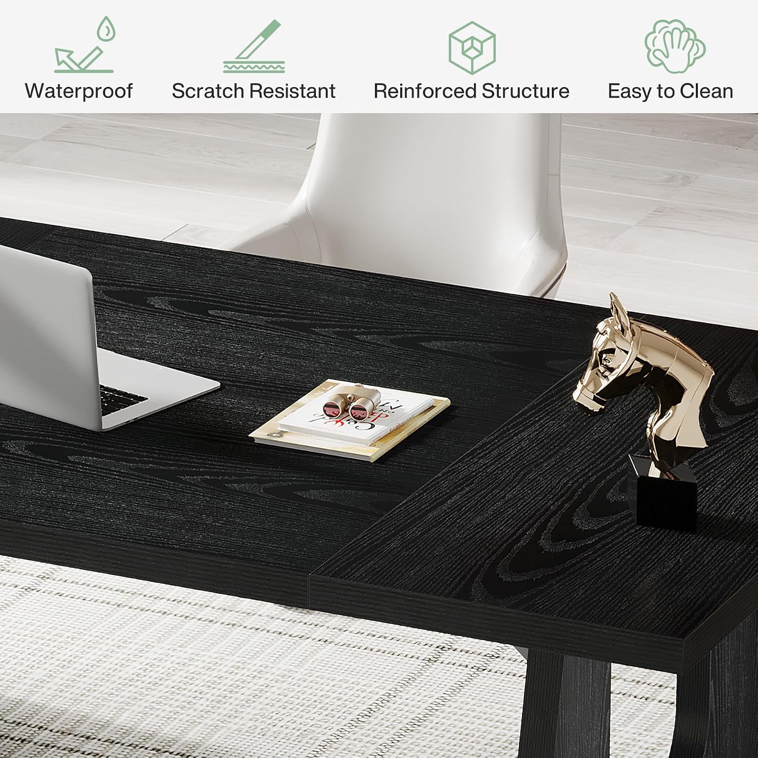 Tribesigns 70.86-Inch Executive Desk, Large Black Computer Office Desk with Wooden Legs, Modern Simple Style Rectangle Writing Table, Workstation or Business Table for Home Office (Black)