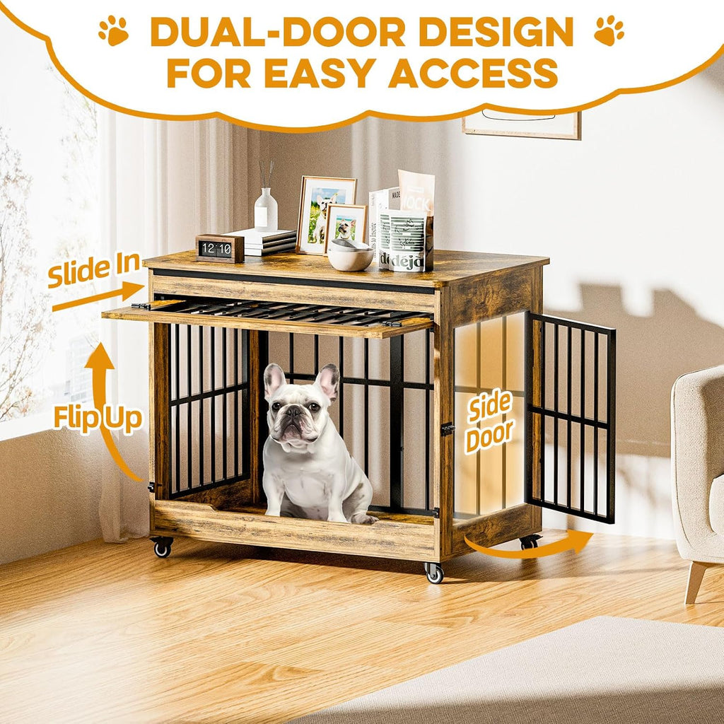 38' Dog Crate Furniture, Double Door Wooden Indoor Dog Kennel Furniture, Decorative Pet Cage End Table with Wheels for Large and Medium Breed Dogs, Size L, Rustic Brown