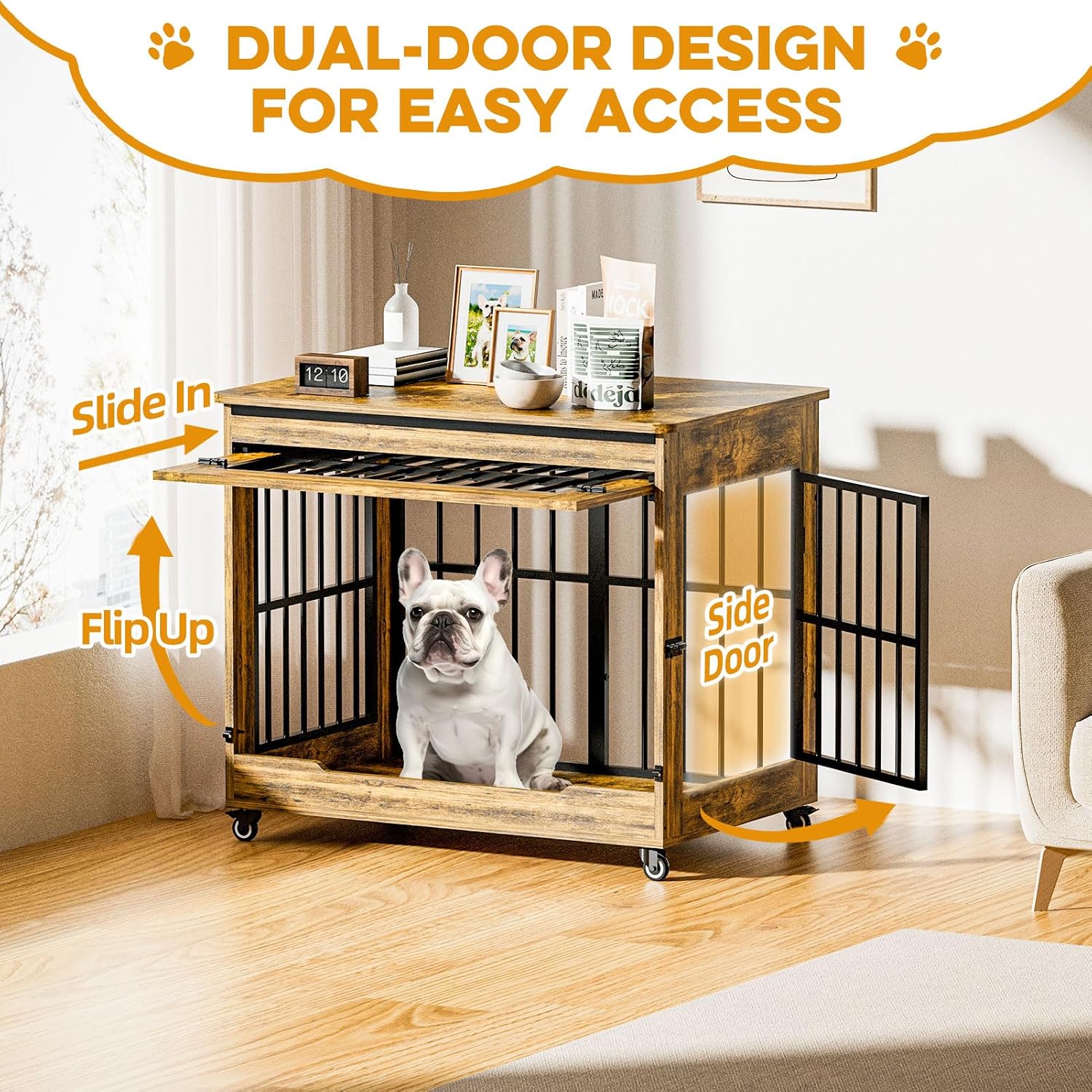 38' Dog Crate Furniture, Double Door Wooden Indoor Dog Kennel Furniture, Decorative Pet Cage End Table with Wheels for Large and Medium Breed Dogs, Size L, Rustic Brown