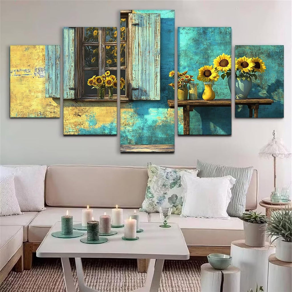 Retro Diamond Art 5 Piece Diamond Painting Sunflower 5D DIY Full Square Drill Dimond Art Paintings Crystal Crafts for Adults Gem Painting for Home Decor, Large Artwork for Wall 40 x 80 Inch, Model342