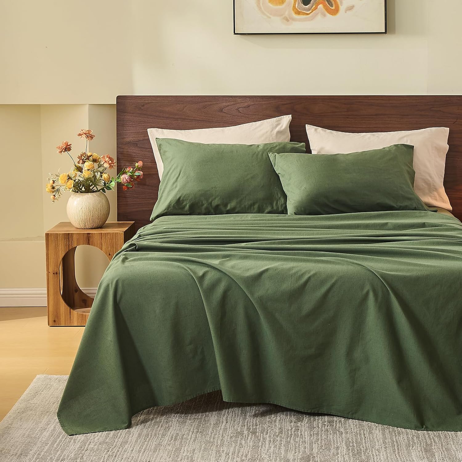 MEISHANG 100% French Pure Linen Sheets King Size - Bed Sheets 4 Piece Sets, Soft Durable Flax Linen, Anti-Tear Breathable Oeko-Tex Certified with 16' Deep Pocket (Forest Green)