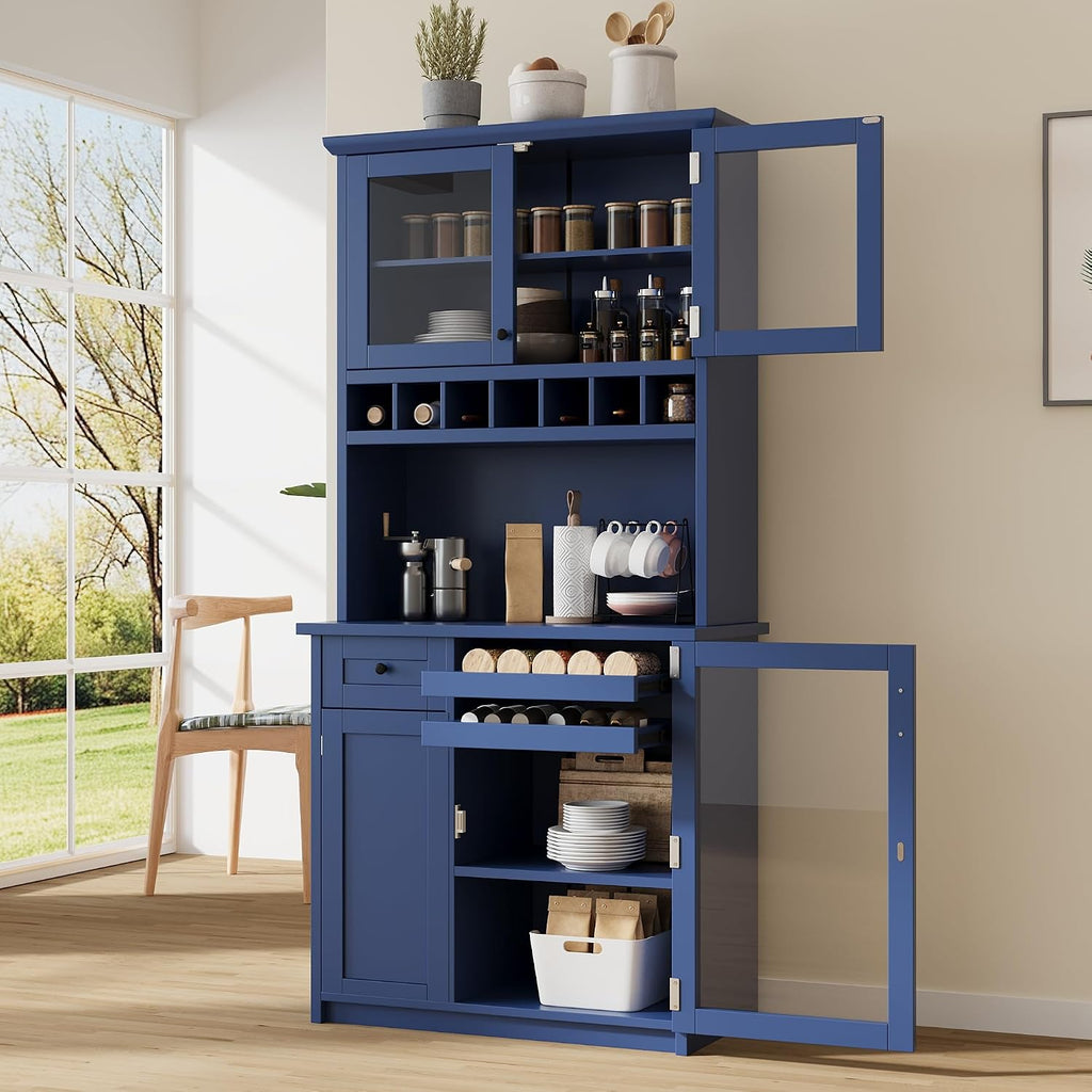 Modern 74.8 inch Tall Kitchen Pantry, Freestanding Buffet with Hutch, Kitchen Pantry Storage Cabinet with Wine Rack and Adjustable Shelves for Dining Room (Blue//1)