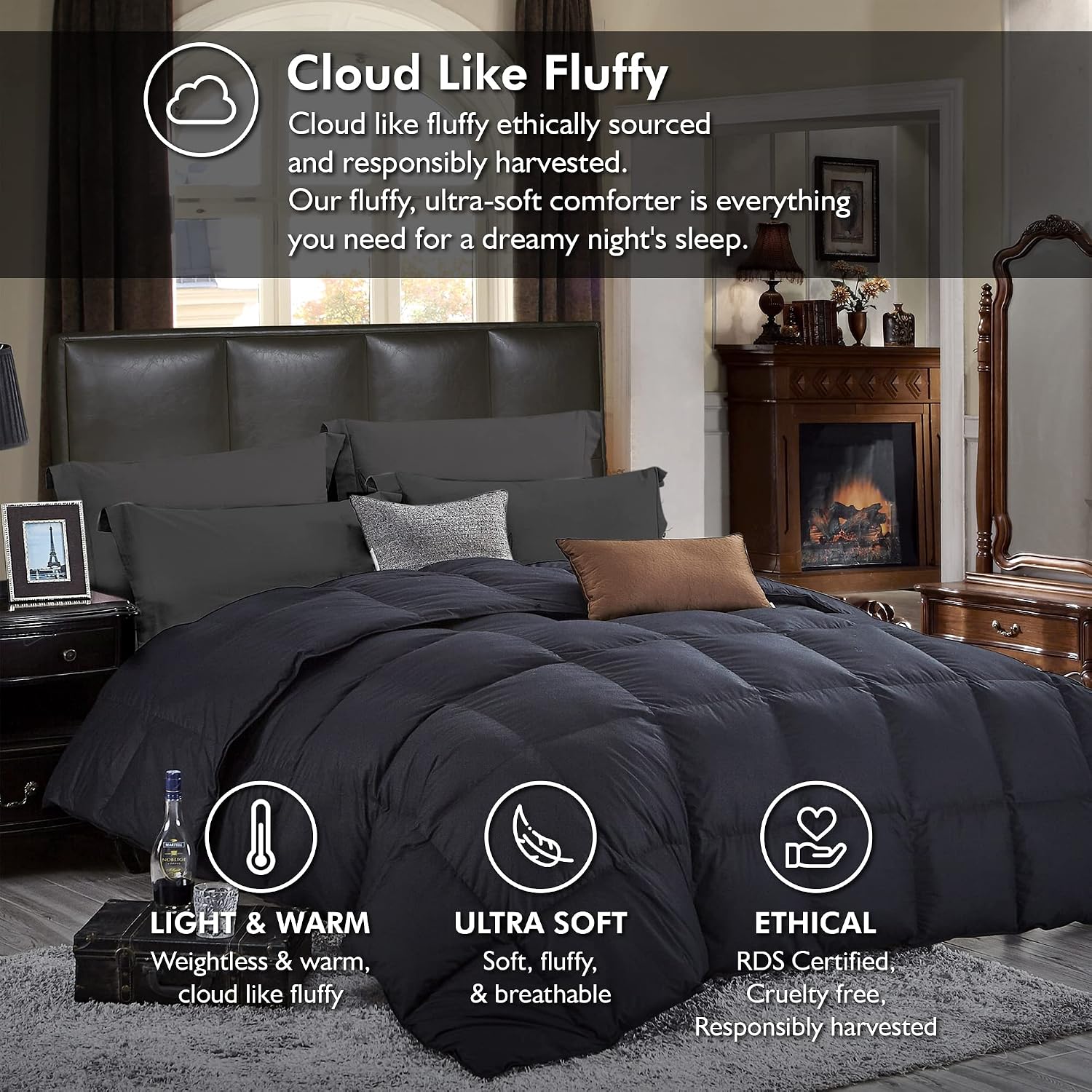 Luxurious Queen Size Goose Down Feather Fiber Comforter Duvet Insert, 100% Egyptian Cotton Cover, 60 oz. Fill Weight Comforter (Queen, Black Solid)