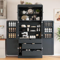 77'' Tall Freestanding Kitchen Pantry, 35''Lx17.7''W Wooden Kitchen Organizers Cupboard Storage Cabinet with Adjustable Shelves, Door Shelves, Drawers and Wine Racks (Grey-2.12)