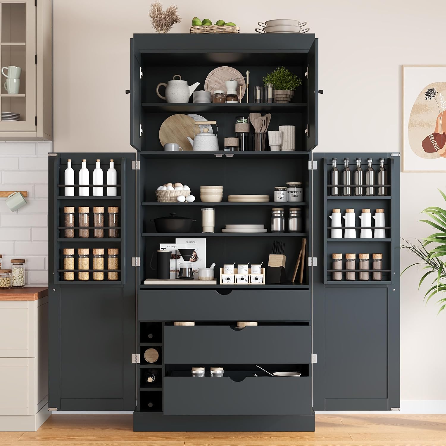 77'' Tall Freestanding Kitchen Pantry, 35''Lx17.7''W Wooden Kitchen Organizers Cupboard Storage Cabinet with Adjustable Shelves, Door Shelves, Drawers and Wine Racks (Grey-2.12)