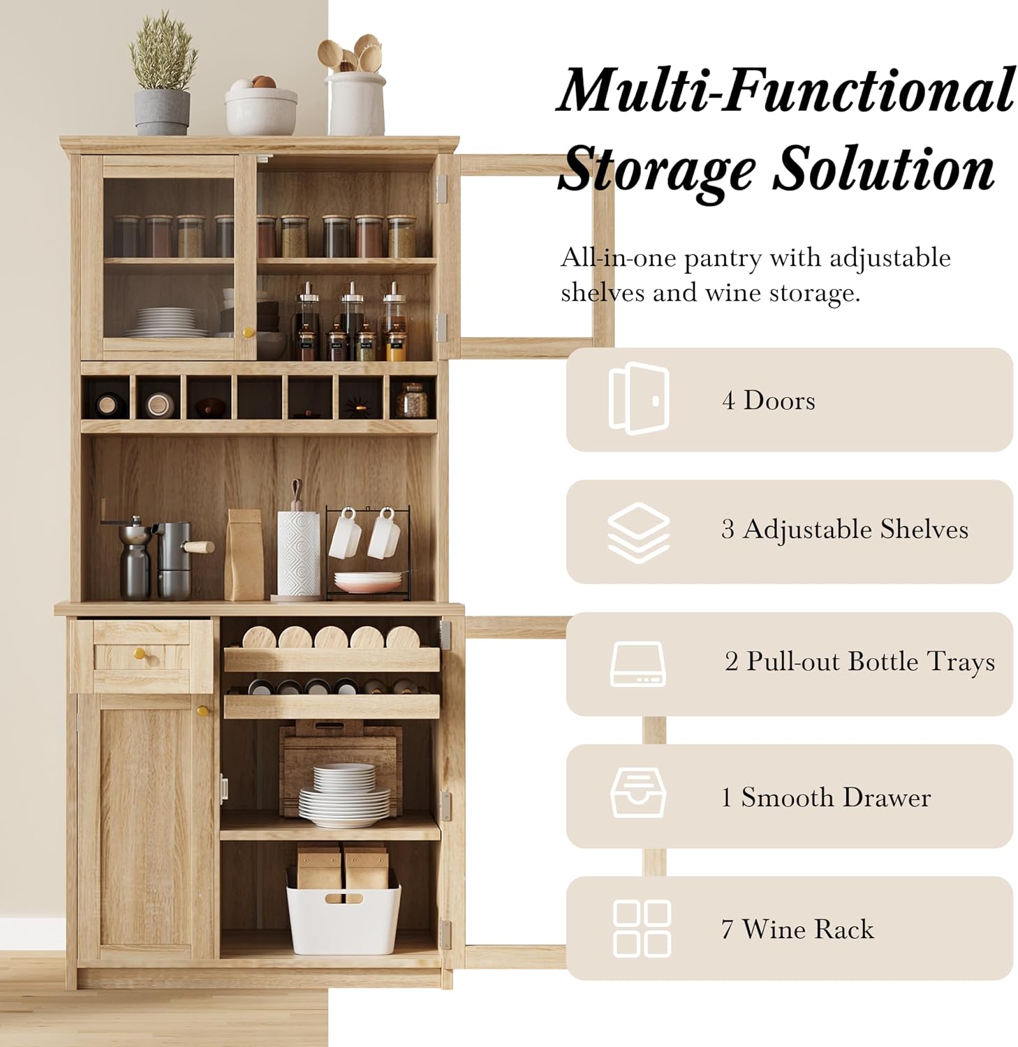 Modern 74.8 inch Tall Kitchen Pantry, Freestanding Buffet with Hutch, Kitchen Pantry Storage Cabinet with Wine Rack and Adjustable Shelves for Dining Room (Natural//1)