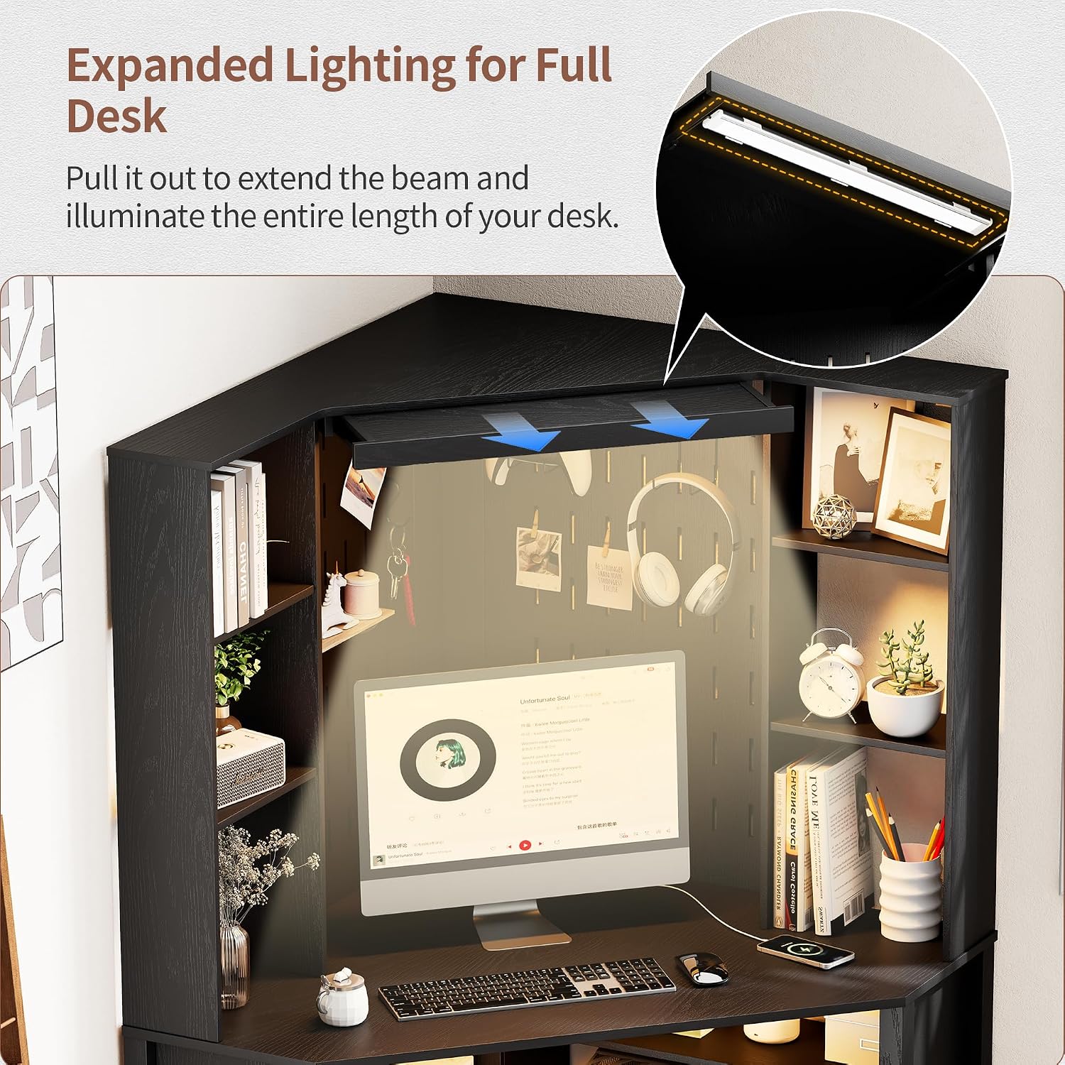 HNEBC Home Office Desk with Pull-Out LED,L-Shaped Corner Desk with Pull-Out LED Lights & Chariging Station,Computer Desk with Hutch & 10 Shelves,Pegboards for Work & Study,Black