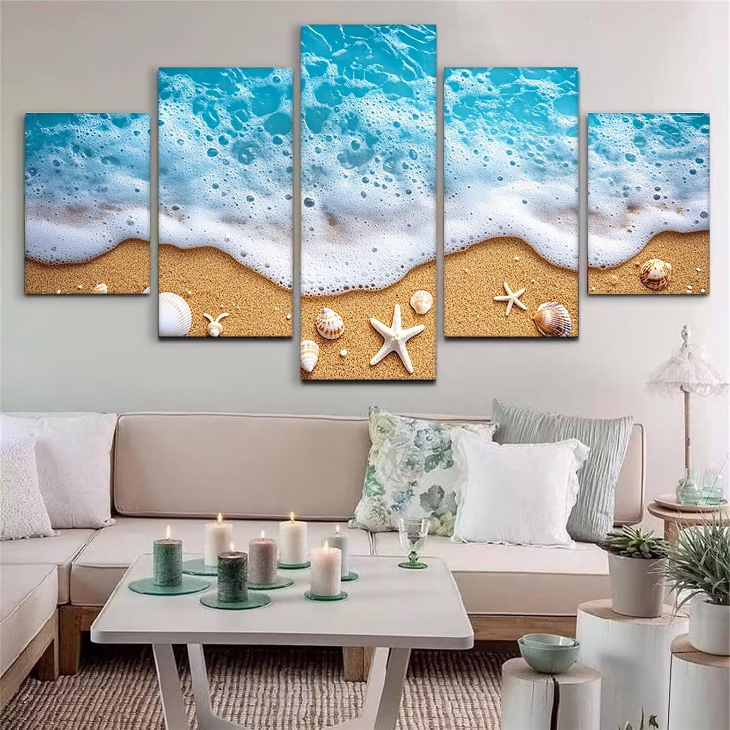 Ocean Diamond Art 5 Piece Diamond Painting Beach 5D DIY Full Round Drill Dimond Art Paintings Rhinestones Crafts for Adults Gem Painting for Home Decor, Large Artwork for Wall 44 x 90 Inch, Model213