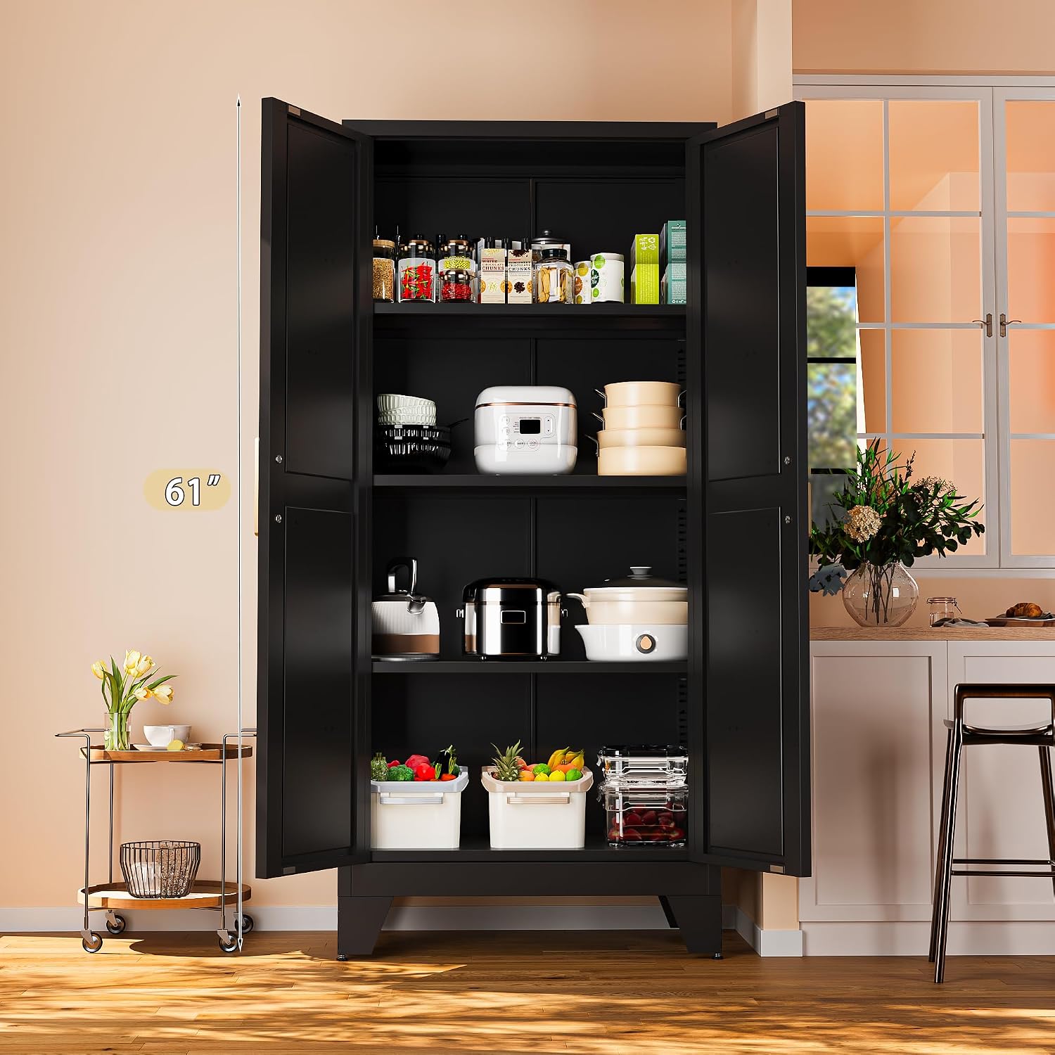61' Tall Farmhouse Metal Pantry Cabinet, Kitchen Pantry Storage Cabinets with 2 Barn Door and Adjustable Shelves,Metal Pantry Storage Cabinet,for Kitchen,Laundry Room,Home Office,Kids Room (Black)