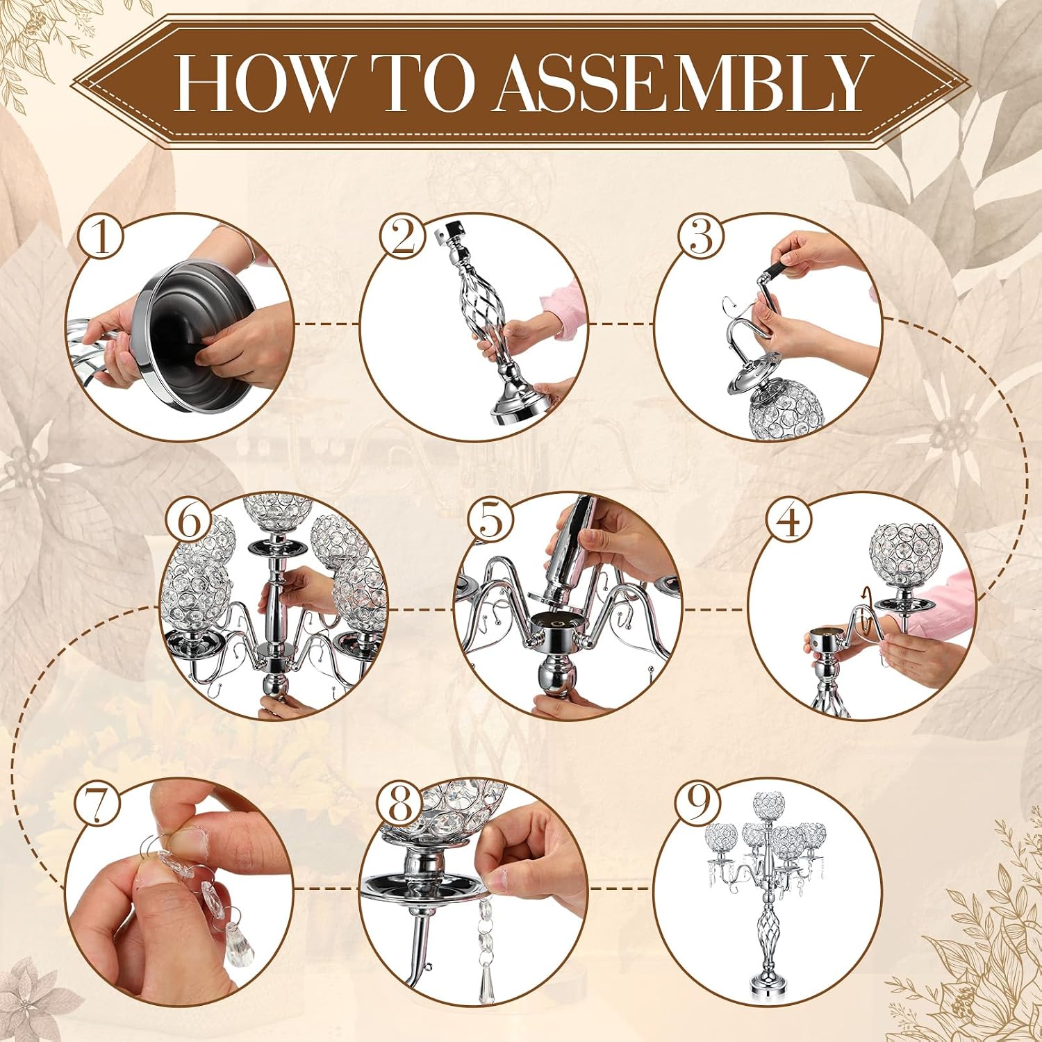 Nitial 8 Pcs 5 Arm Crystal Candelabra Centerpieces for Table 27 Inch Retro Victorian Crystal Candle Holders Bowl Table Centerpieces Decor for Wedding Banquet Valentine Dinner Party Event (Silver)