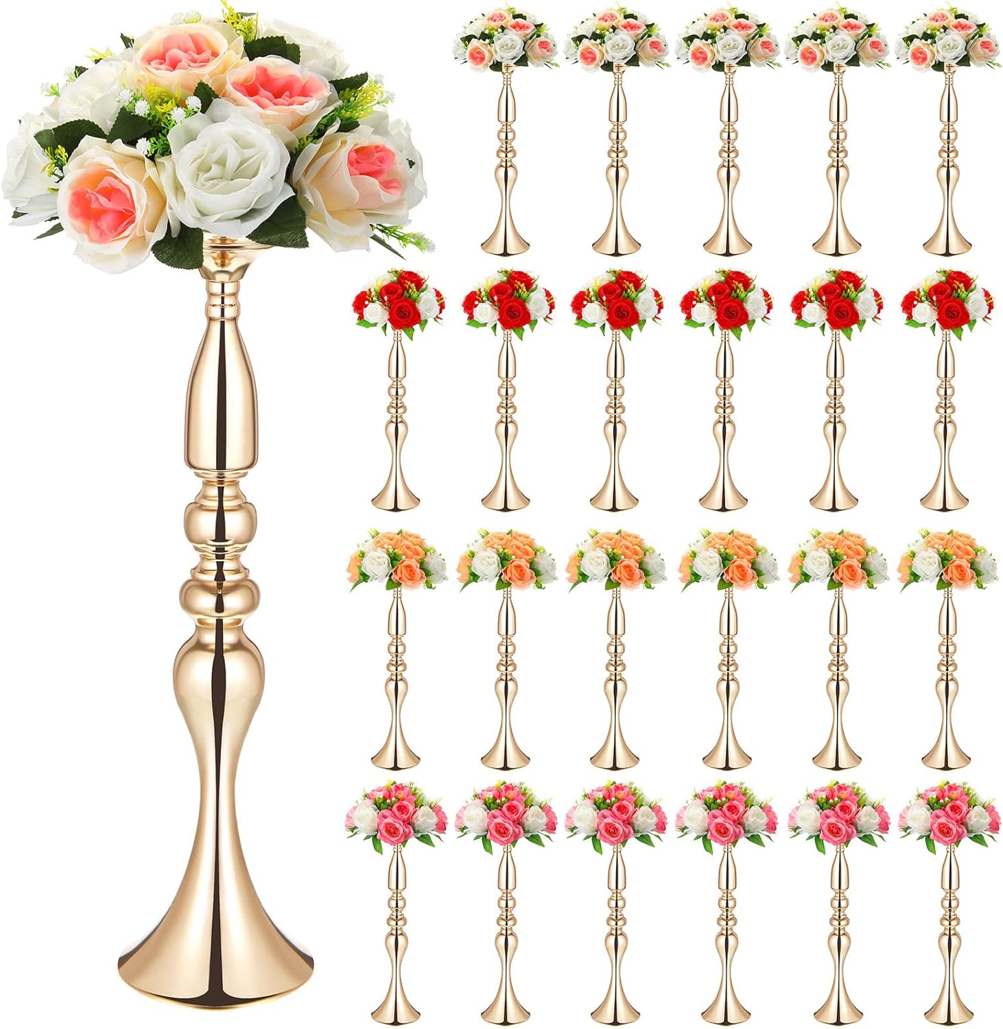Rtteri 24 Pcs 20 Inch Tall Wedding Flower Stand Wedding Centerpieces for Table Metal Centerpiece Stand Flower Vase Floral Arrangement Holders for Reception Birthday Party Hotel Home Decoration (Gold)