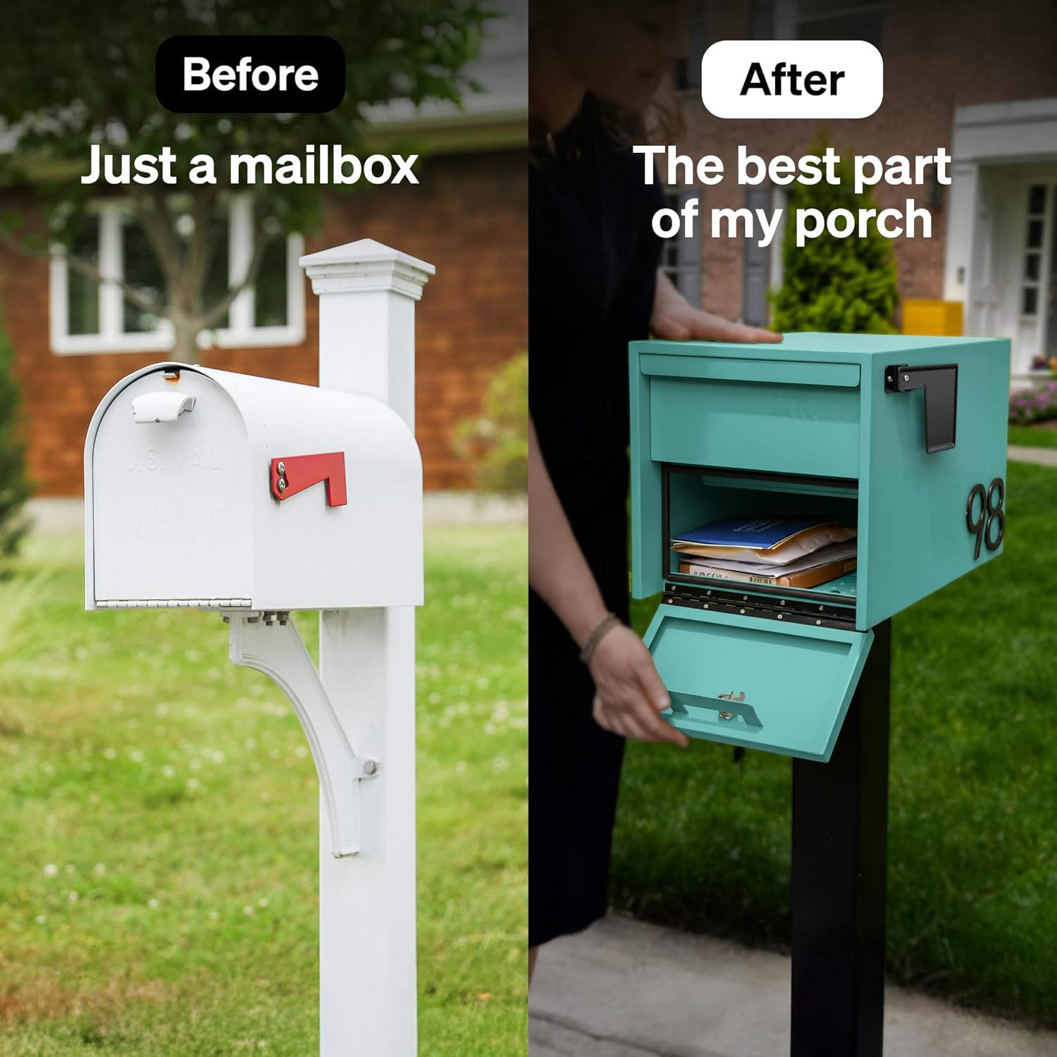 Adoorn Lockable Post Mount Mailboxes for Outside - Small Anti-Theft Locking Mailbox for Packages and Letters - Weatherproof Construction - Durable Steel - 12' H x 12' W x 18.5' D - Aegean Sea
