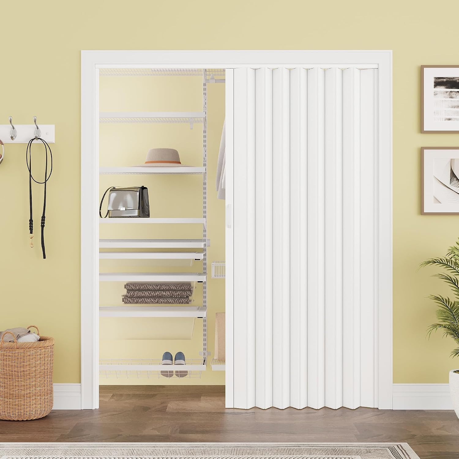 60' x 80' Enhanced Accordion Door Interior, Power Magnetic PVC Folding Door with 2 Handles & All Hardware, Room Divider Accordion Doors for Doorway Closet Basement Bathroom RV Camper, White