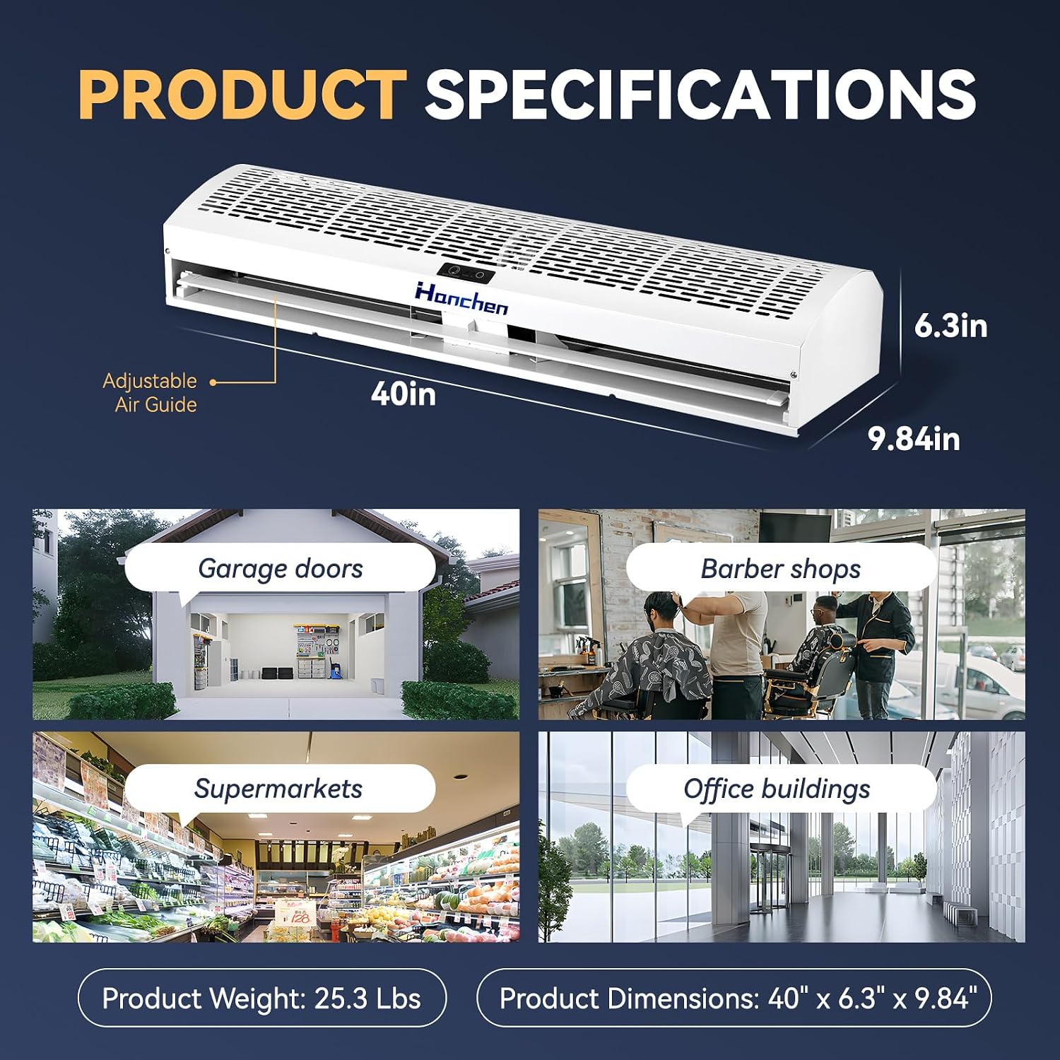 Hanchen 40 Inch Air Curtain 【2026 NEW VERSION】 Magnetic Door Switch 2 Speeds 1527/1292 CFM Uncooled&Unheated Remote Control Super Power Commercial Indoor Heavy Duty Air Door Fan 110V