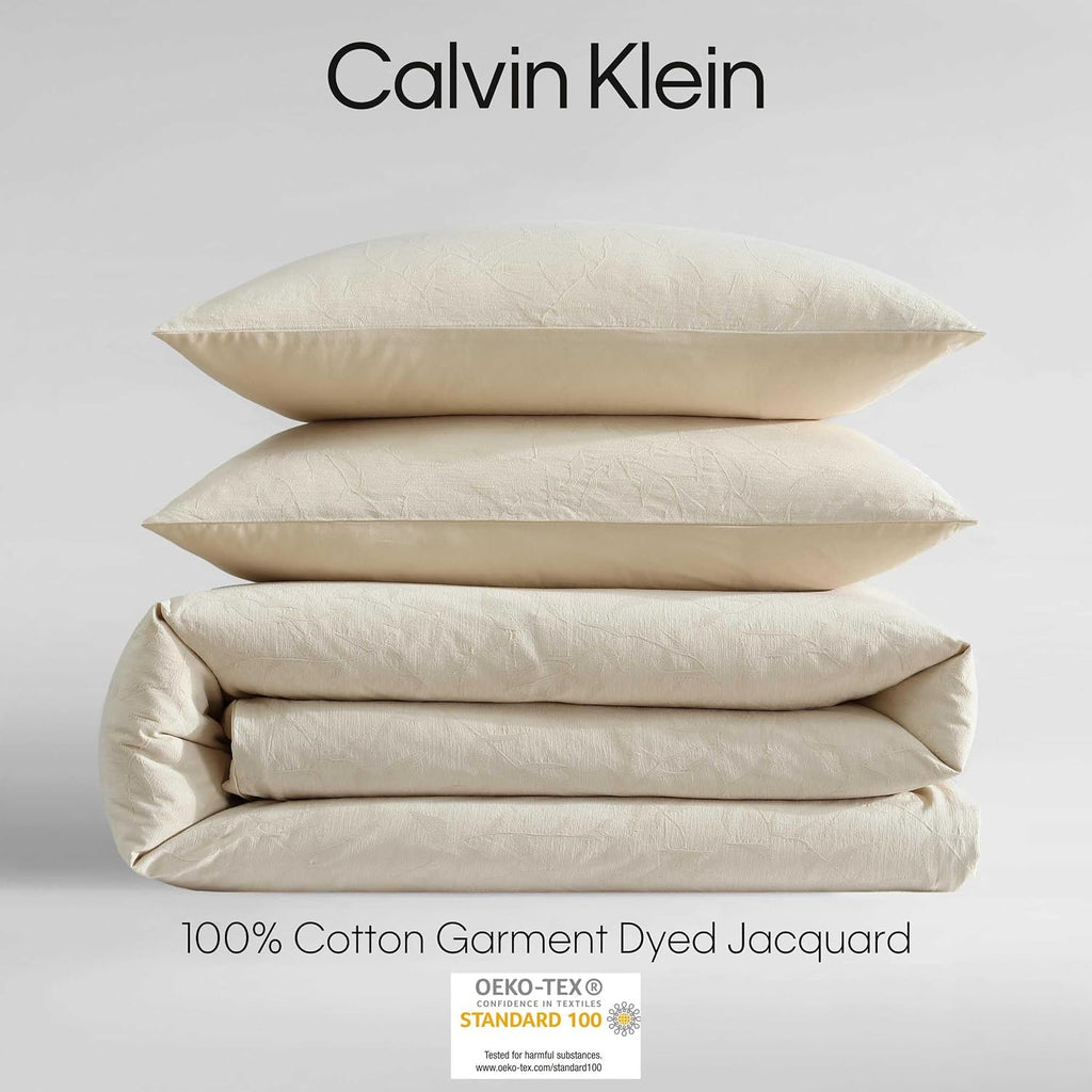 Calvin Klein - Queen Comforter Set, Floral Inspired Soft Bedding with Matching Shams, Oeko-Tex Certified (Branching Leaves Beige, Queen)